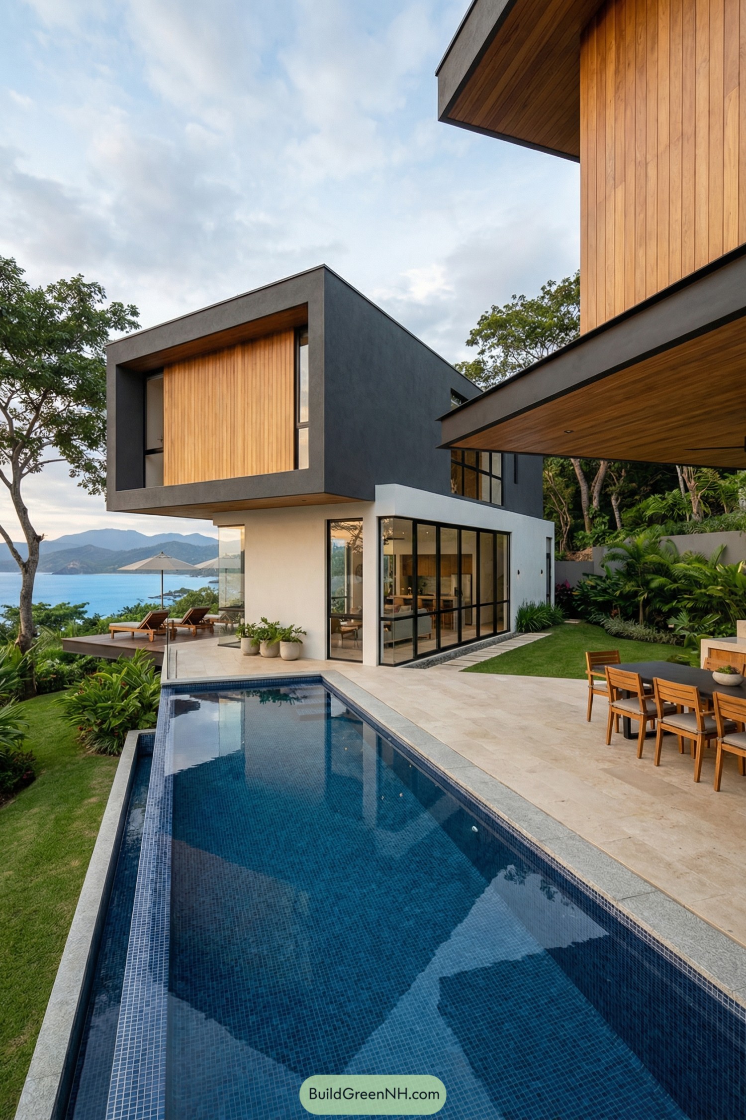 Modern hillside villa with long lap pool