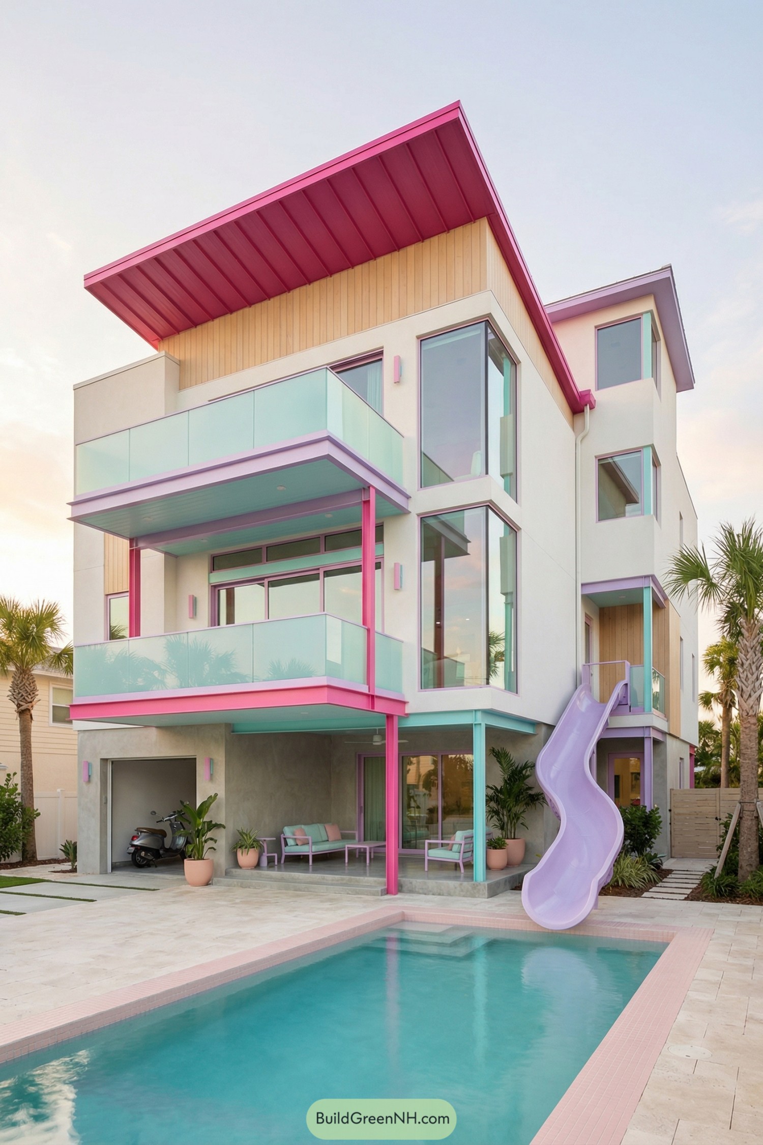 Modern pastel three-story villa with glass balconies and a pool slide