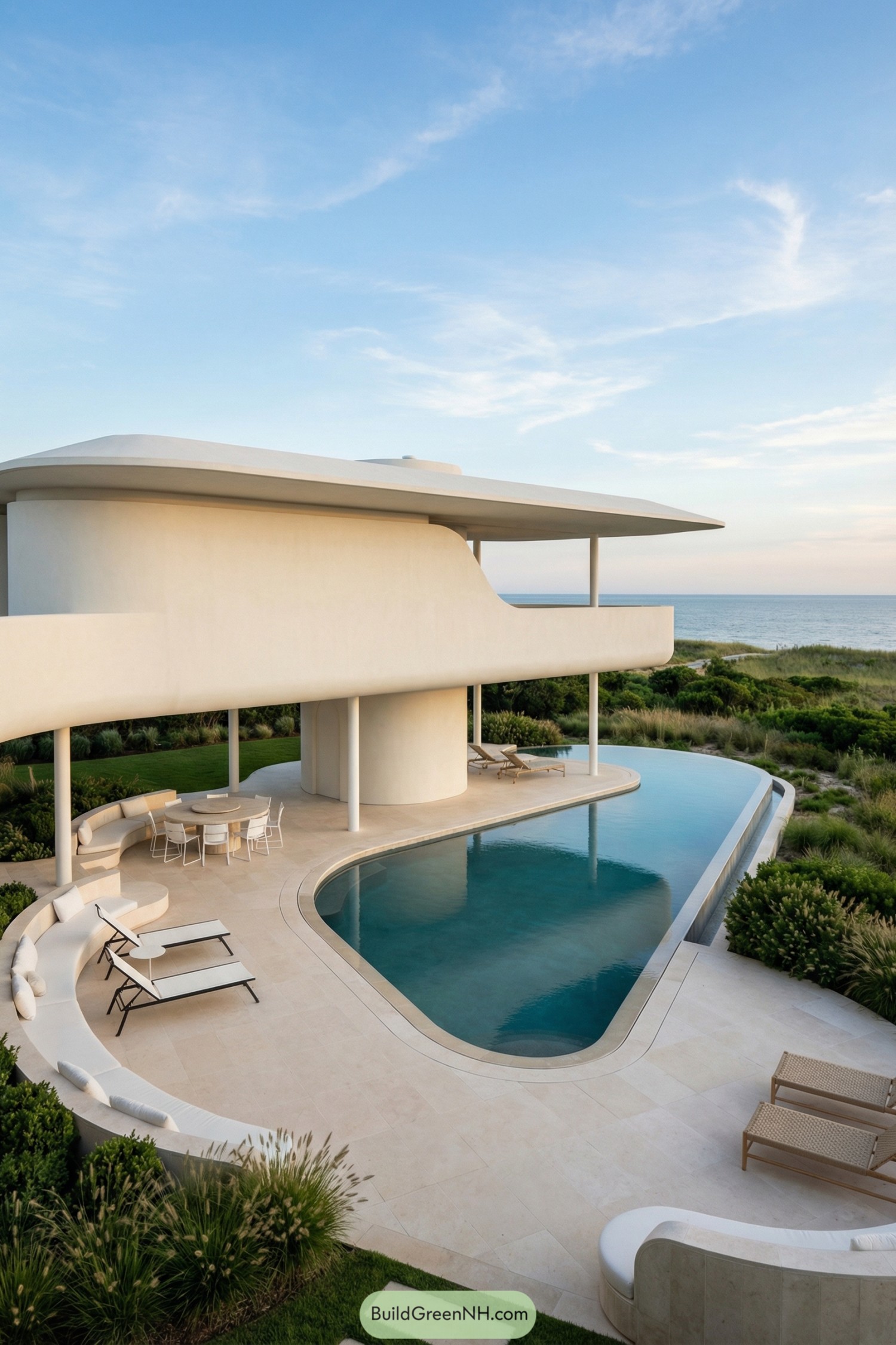 Curved modern beachfront villa with elevated white structure and wraparound pool overlooking dunes and ocean