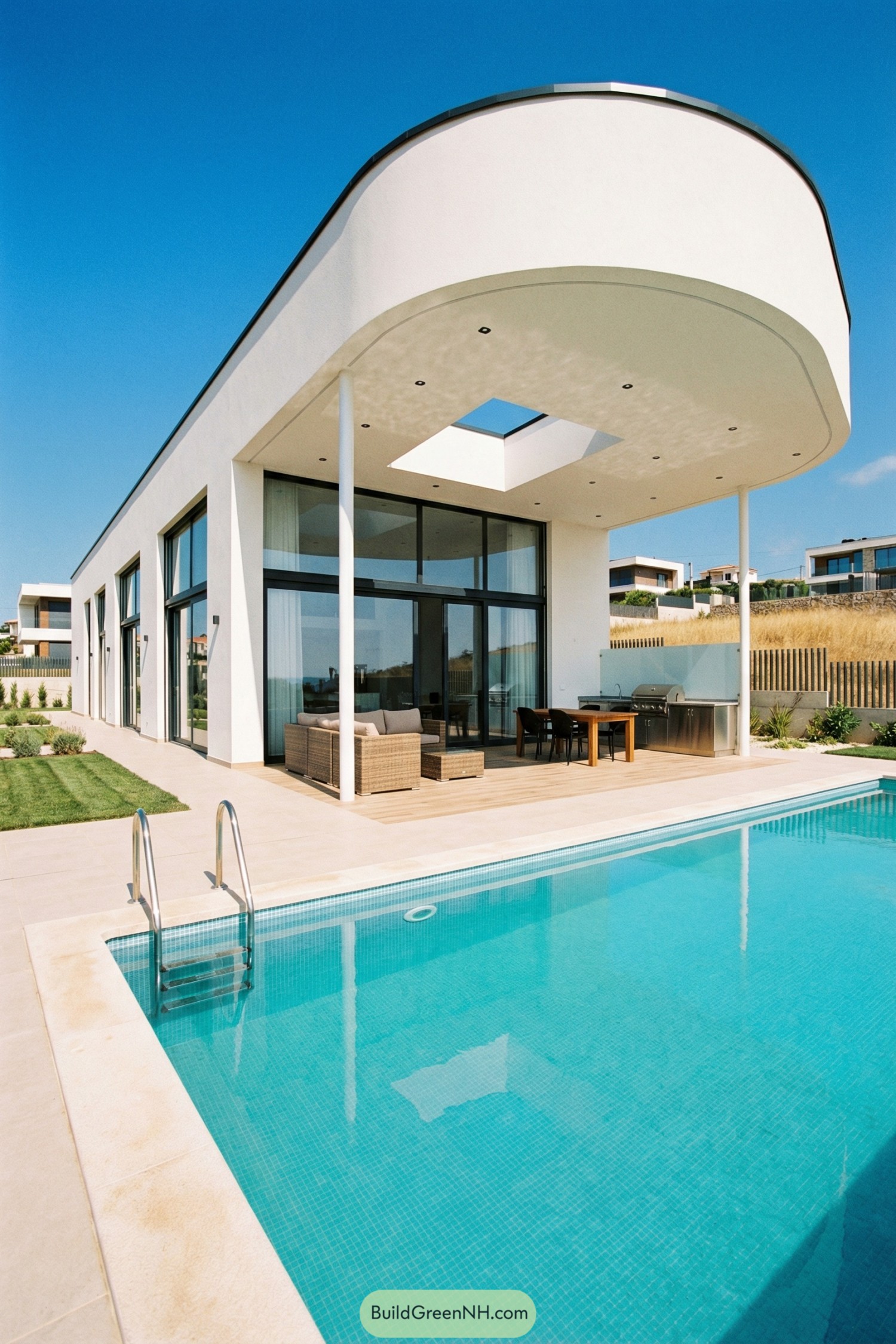 Modern white villa with curved roof terrace overlooking a rectangular swimming pool