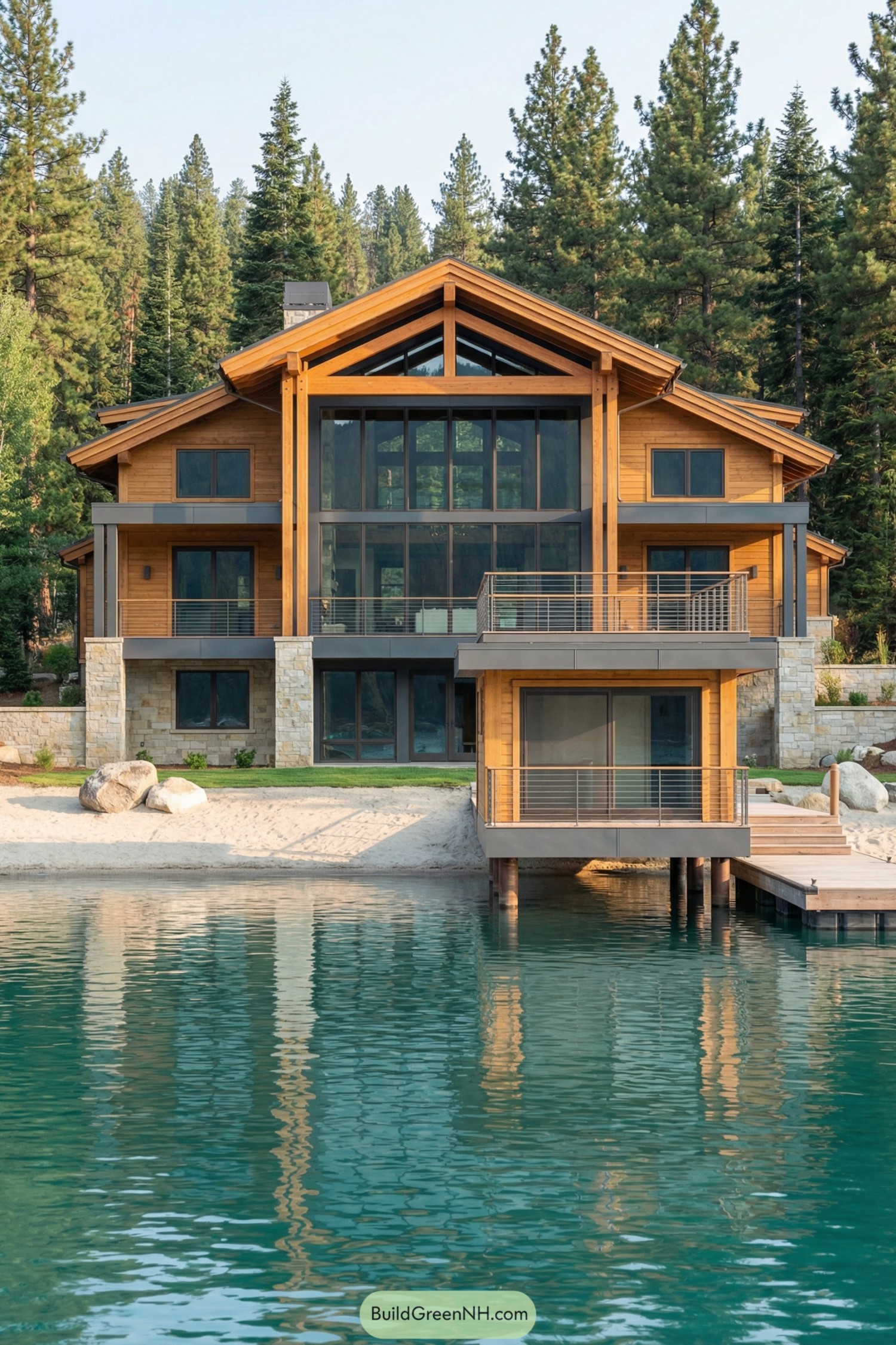 Modern timber lake house with tall glass facade and cantilevered deck over clear turquoise water