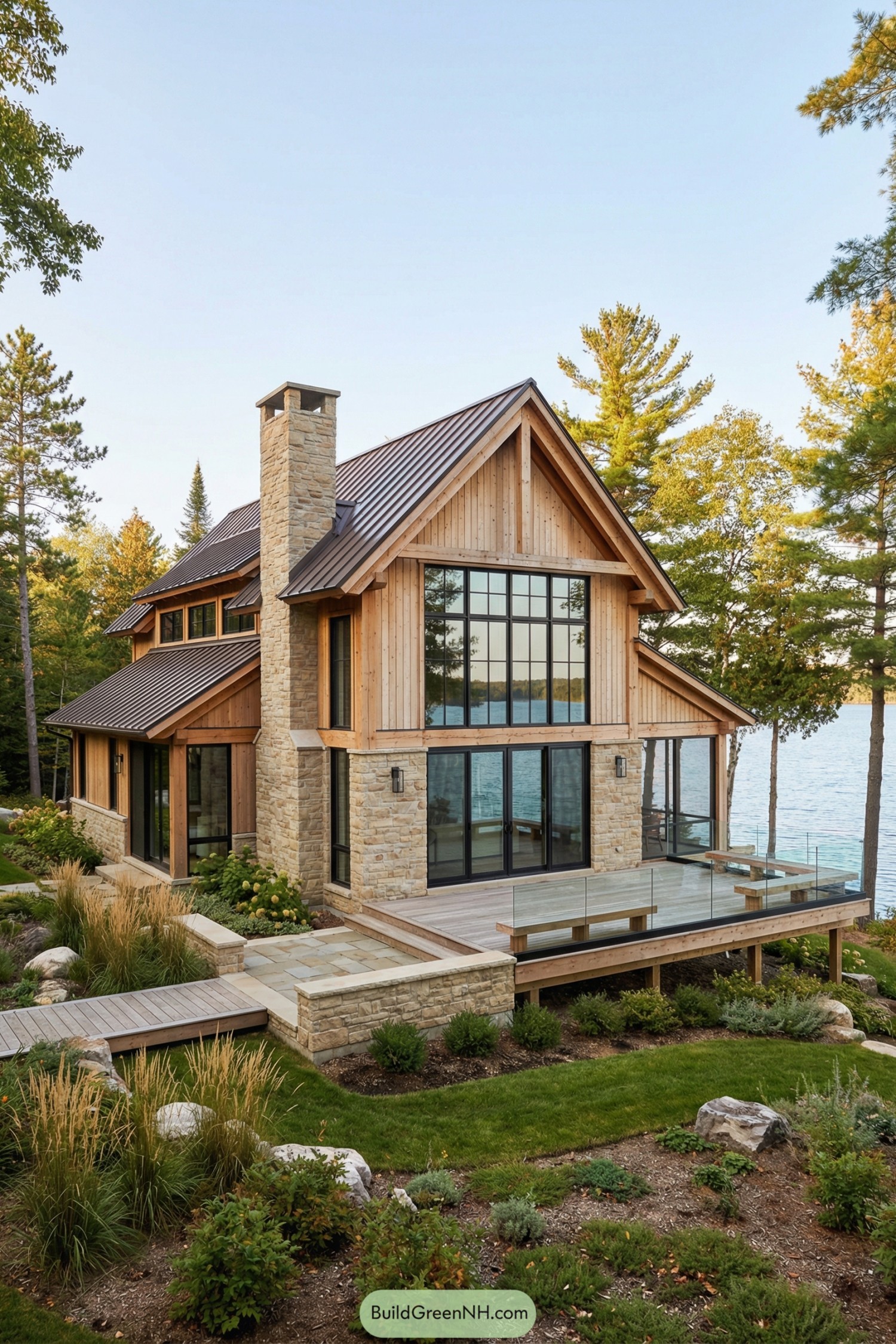 Modern timber and stone lake house with large windows and wraparound deck