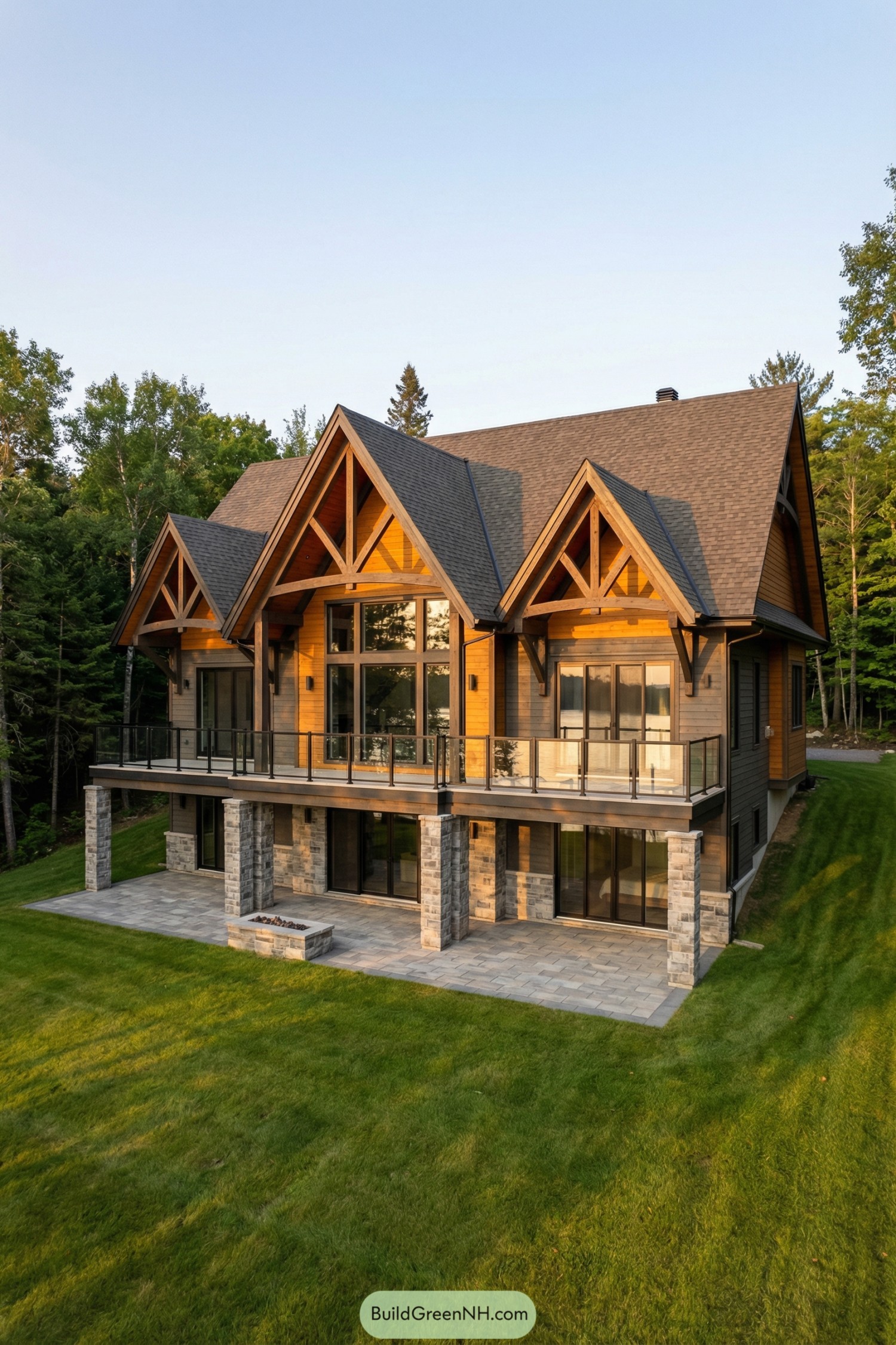 Modern timber lake house with tall gables