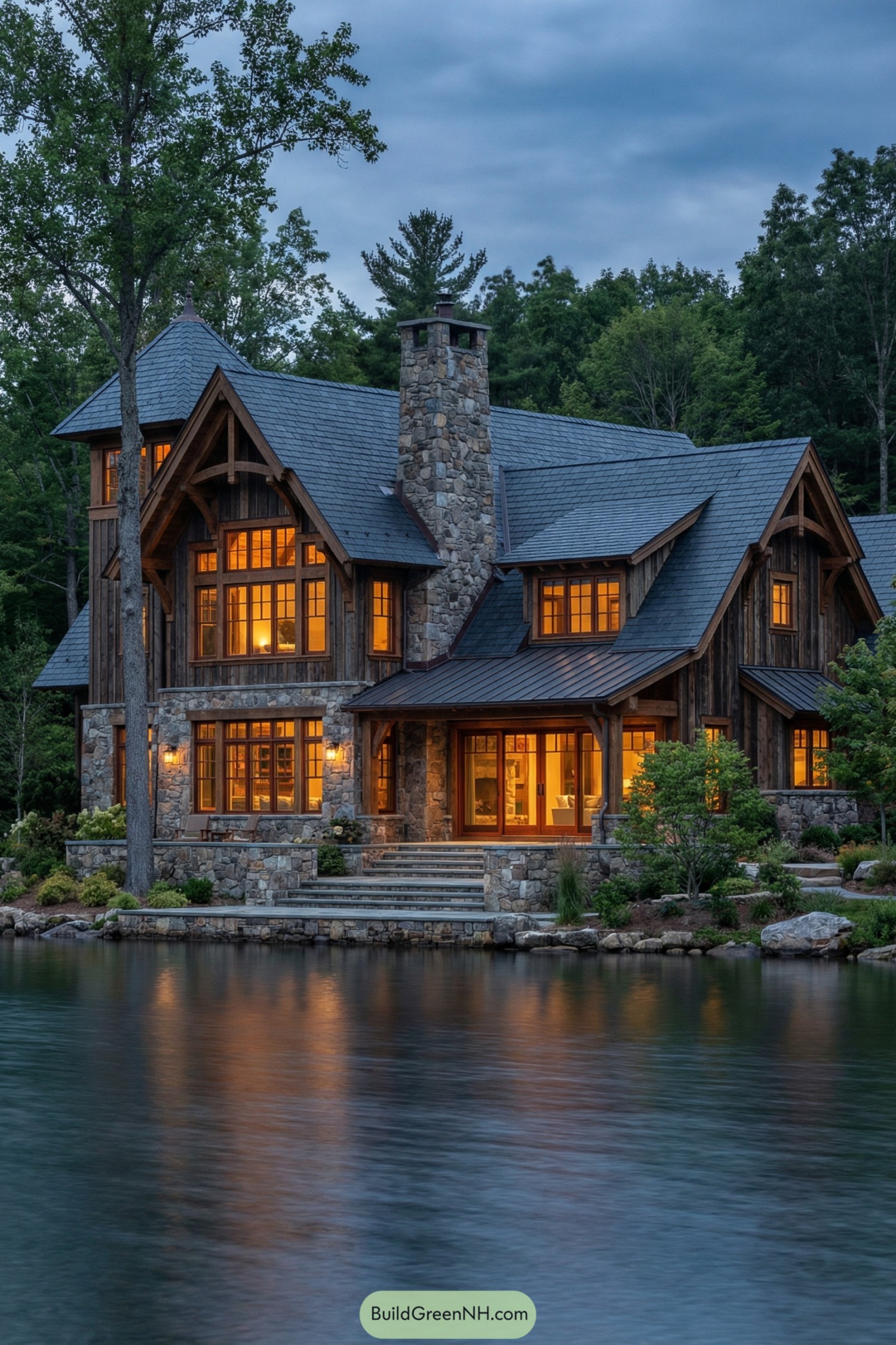 Rustic stone and wood lake house glowing at dusk