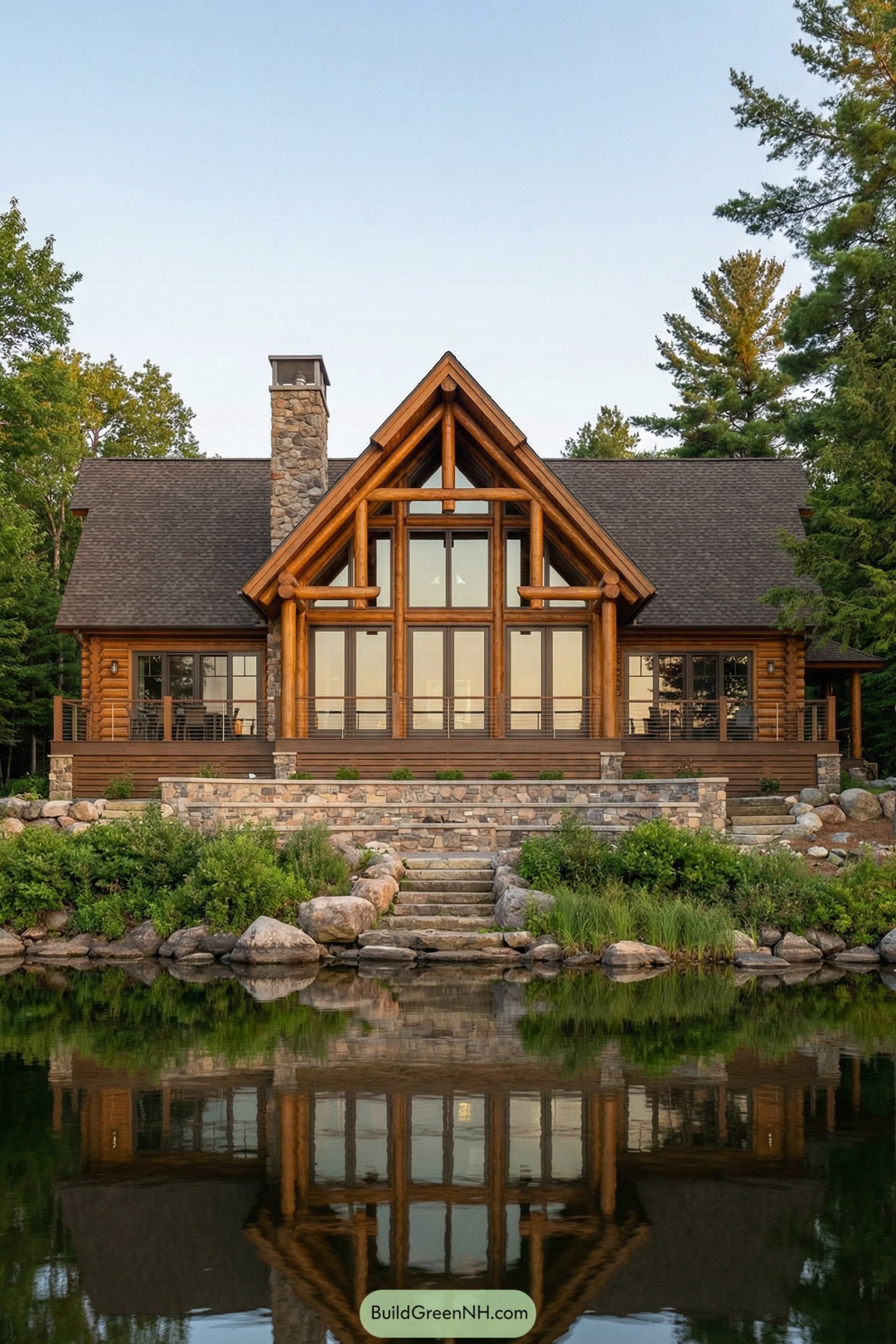 Timber-framed lake house with stone terrace and wide glass front reflected in still water