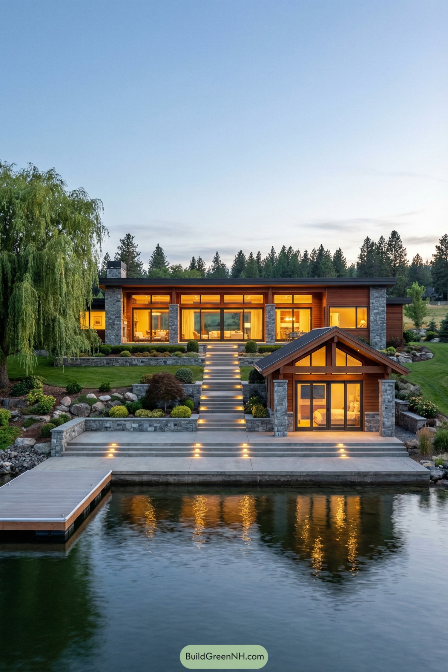 Modern lakeside house with tiered lit steps and dock at dusk