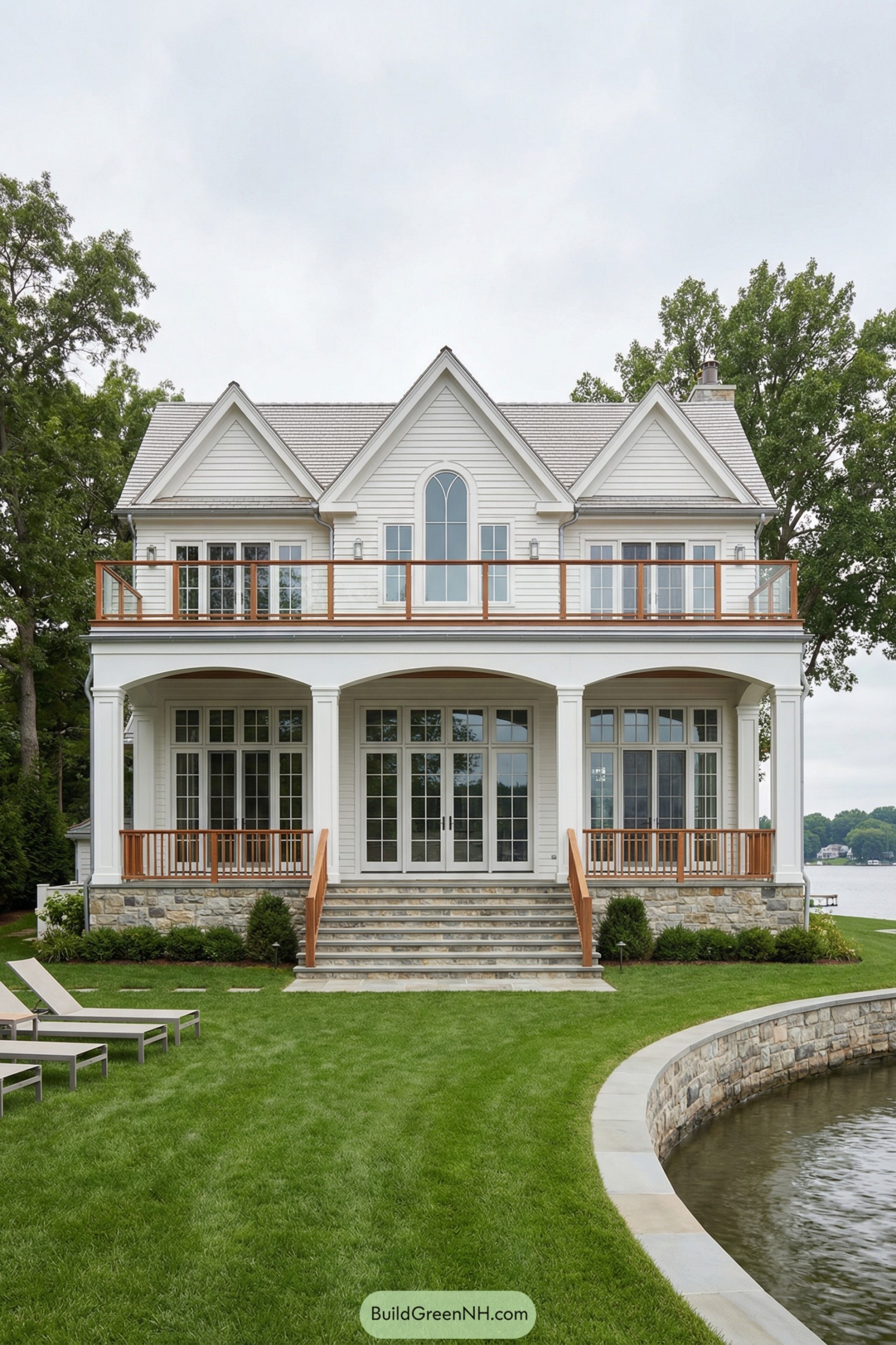 Two story white gabled lake house with wide lawn