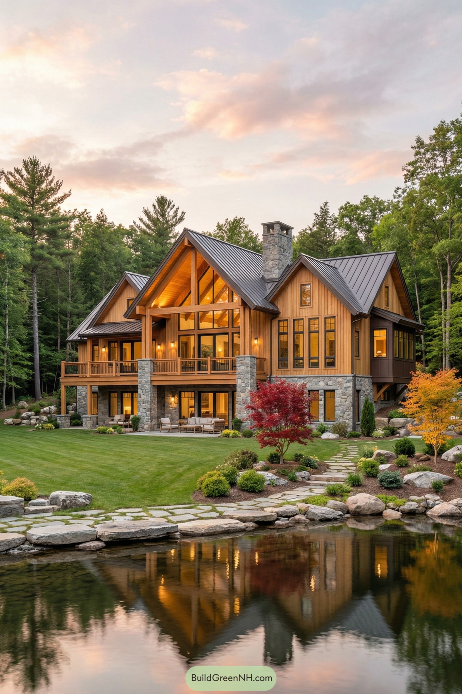 Timber and stone lake house at sunset