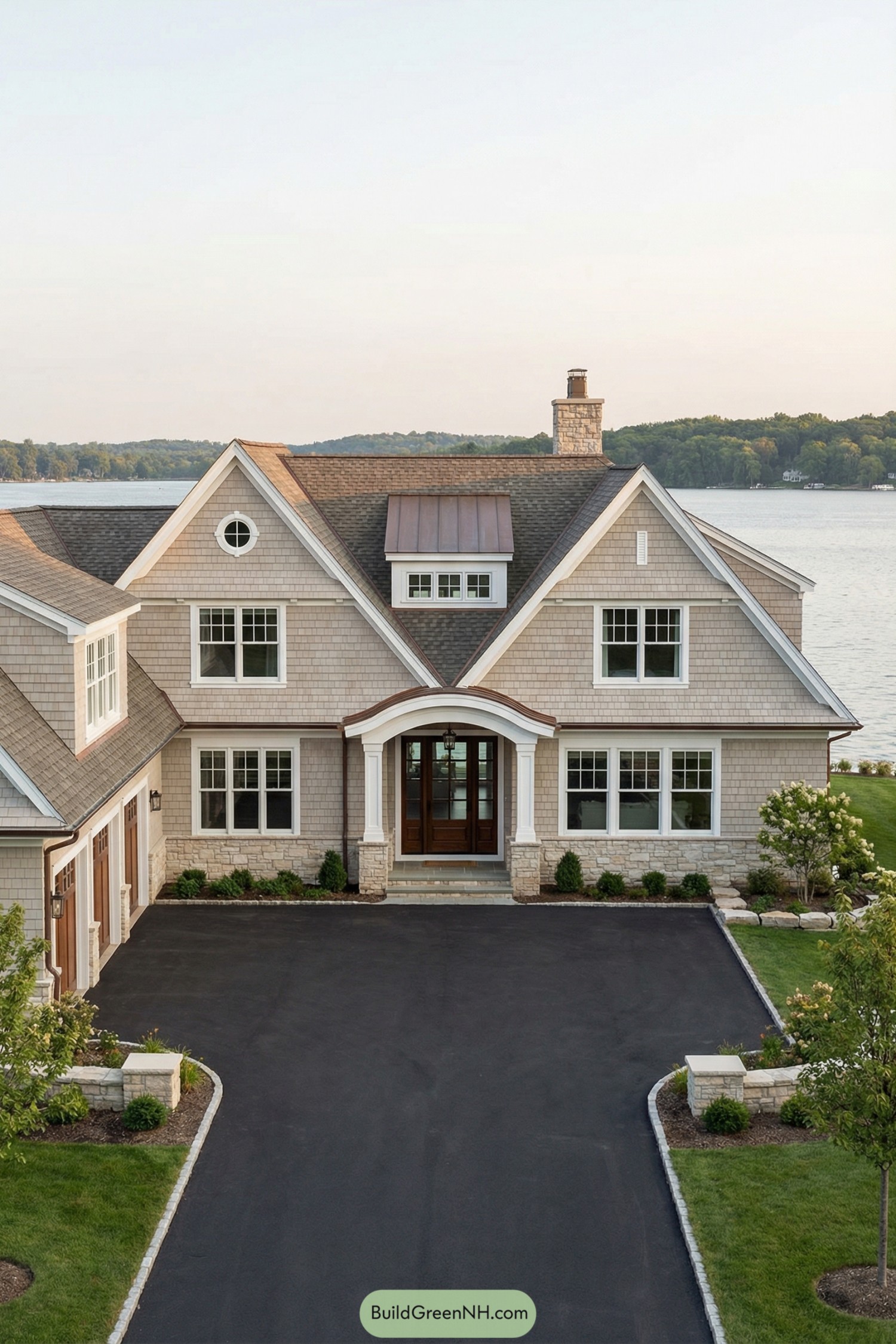 Light tan shingle lake house with gables, stone accents, and wide driveway leading to a covered entry
