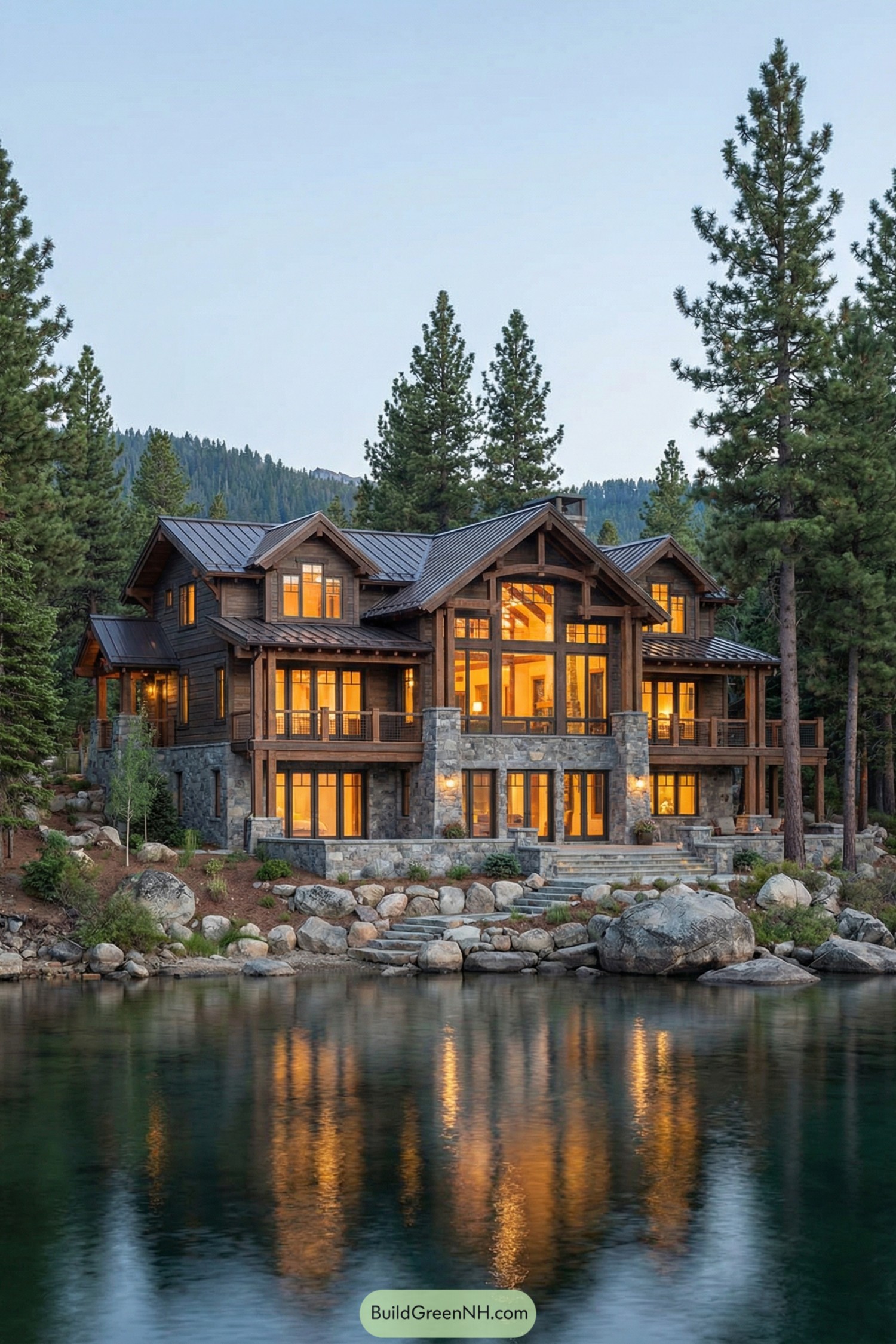 Three-story timber and stone lake house glowing beside a calm forest lake at dusk