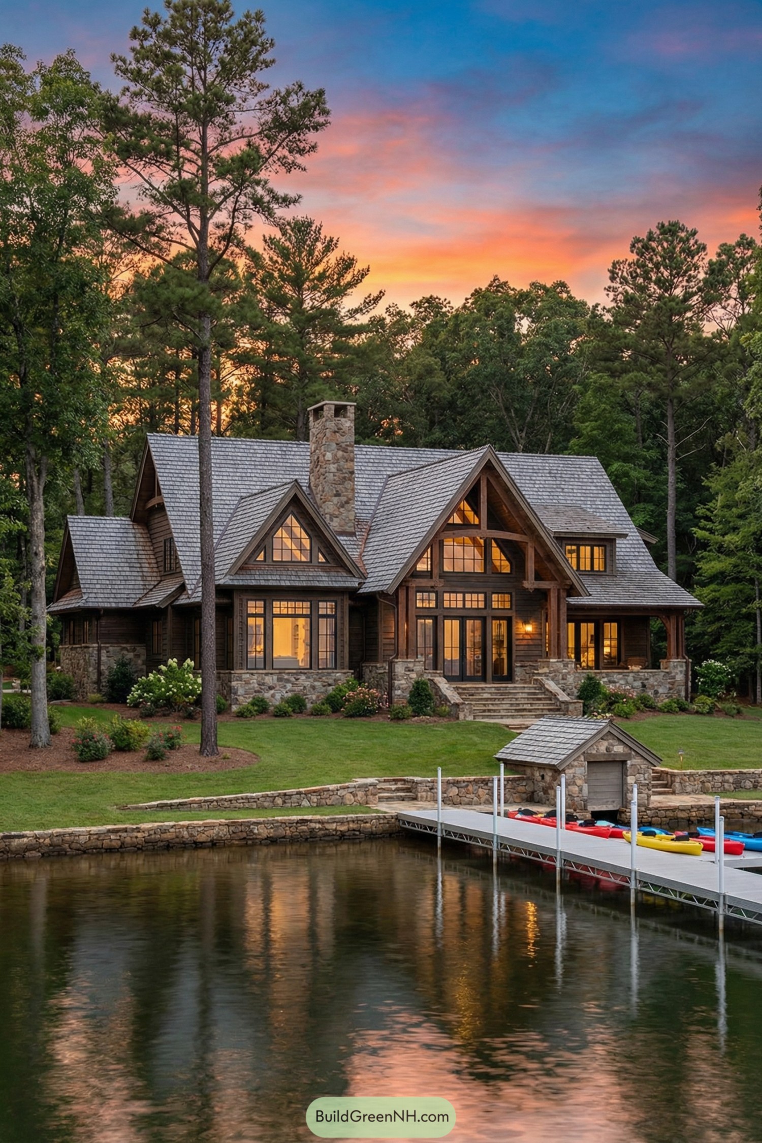 Warm-lit timber and stone lake house at sunset with dock and kayaks