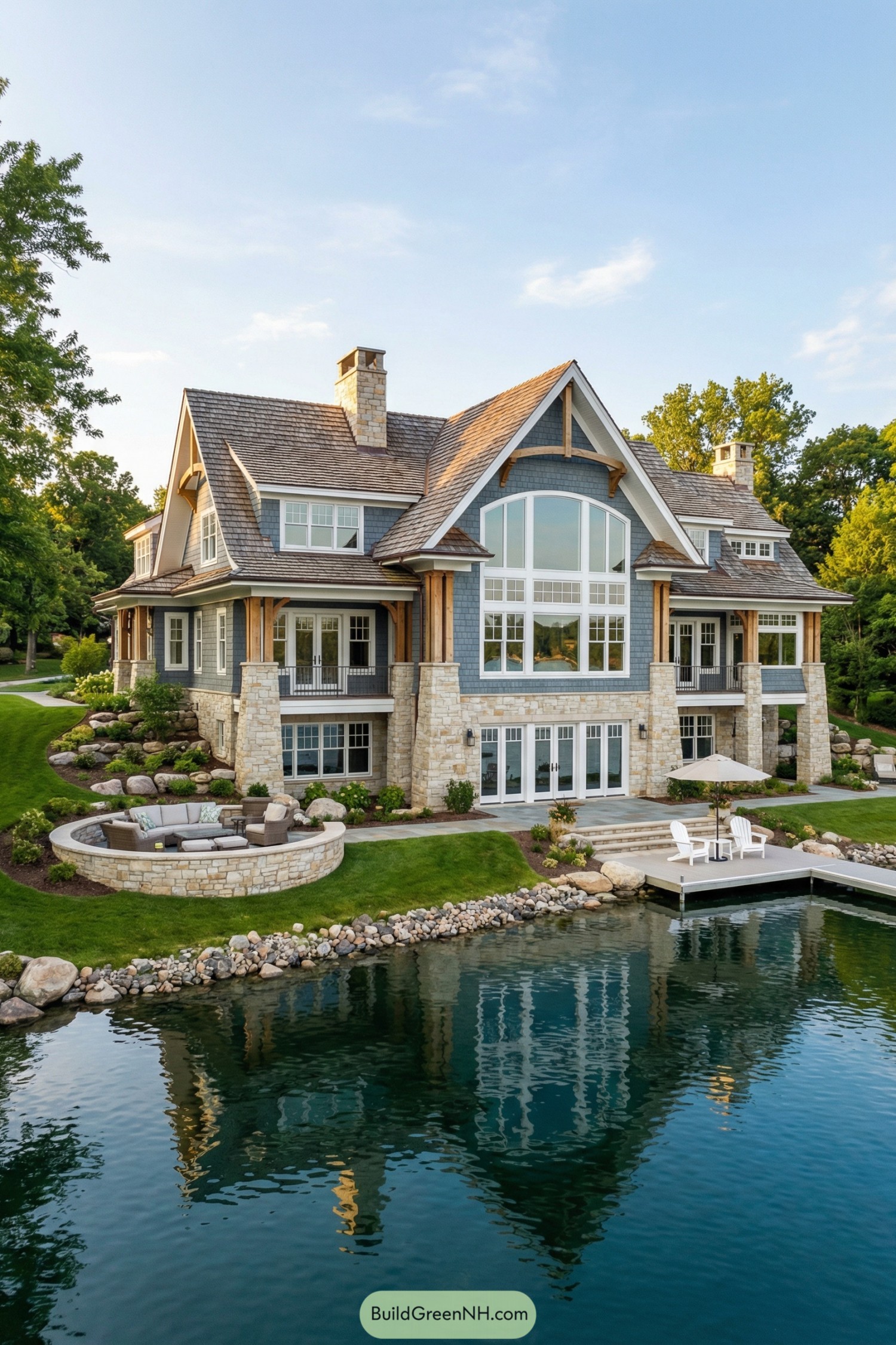 Shingle-style lake house with stone base, large windows, and private dock