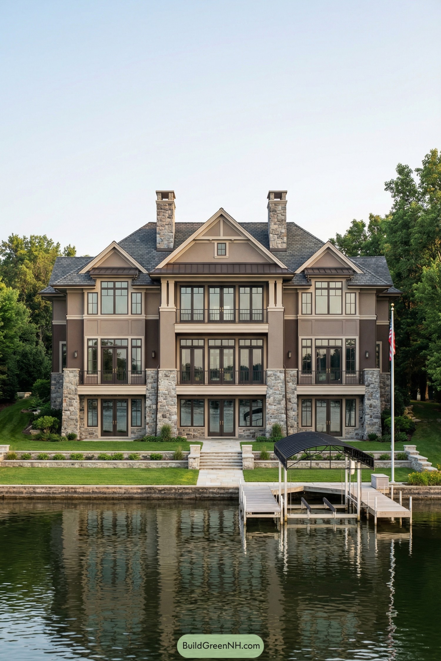 Elegant three-story lakeside home with stone base, tall windows, and private dock