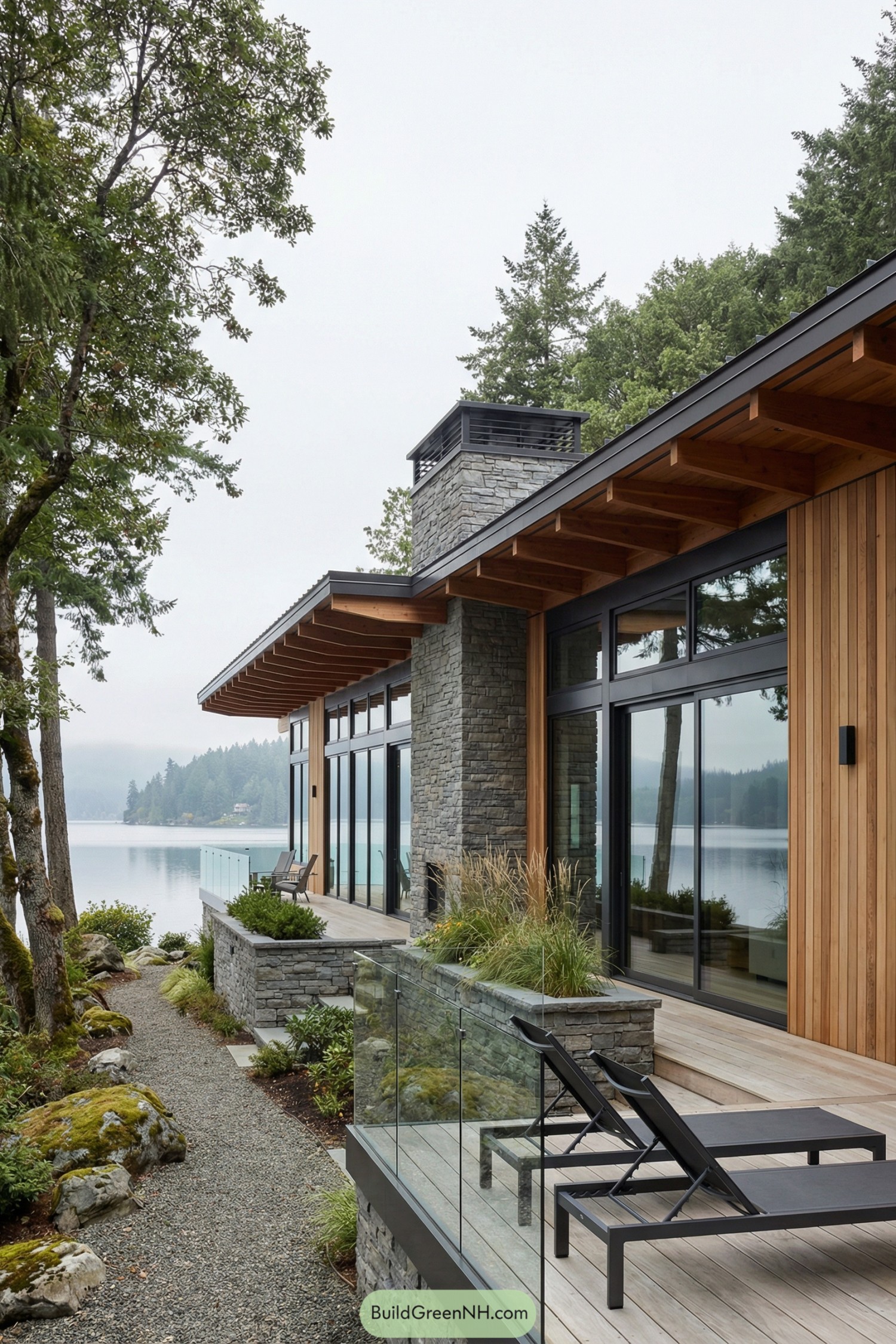 Modern cedar and stone lake house terrace