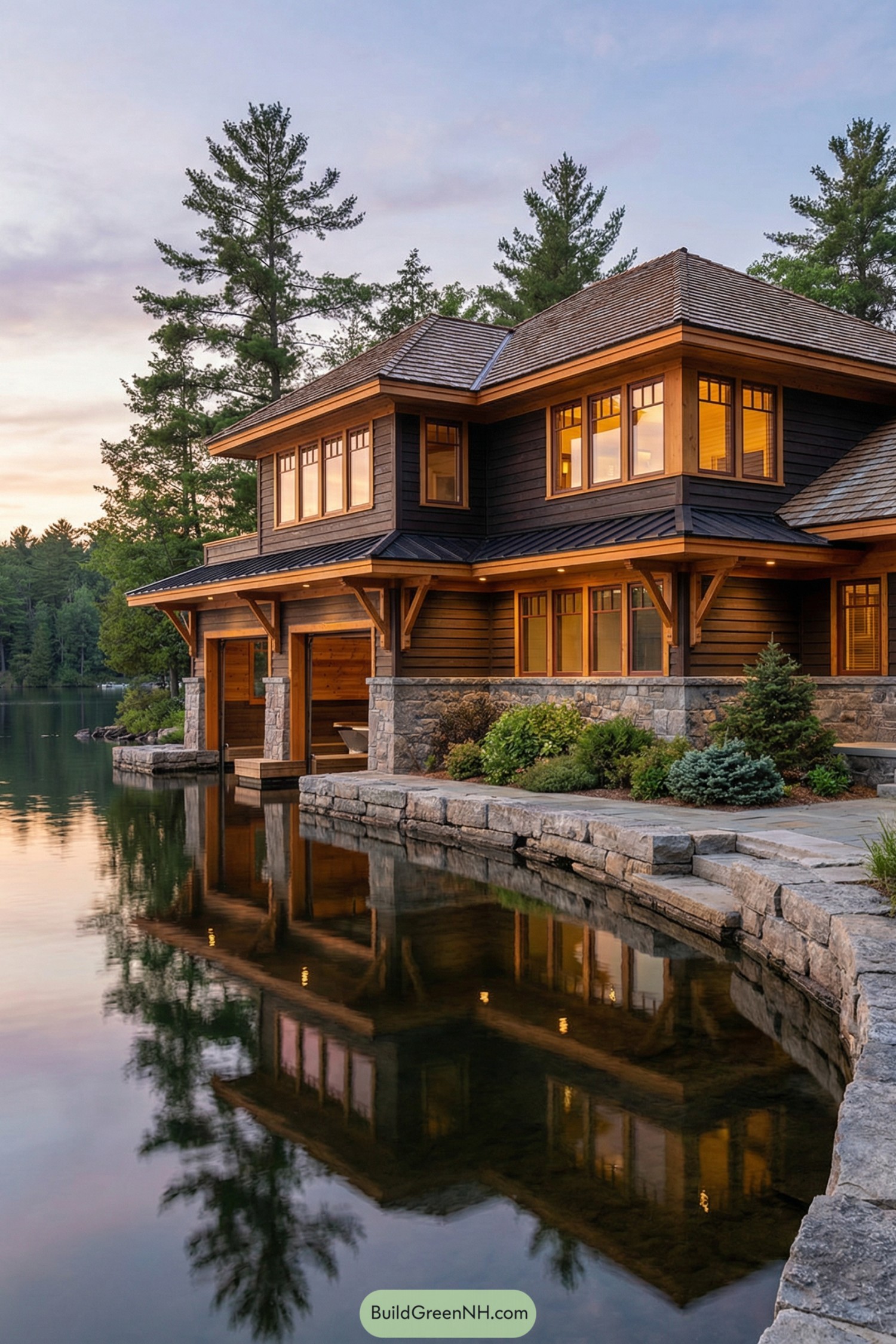 Warm timber and stone lake house with large windows glowing over still water at sunset