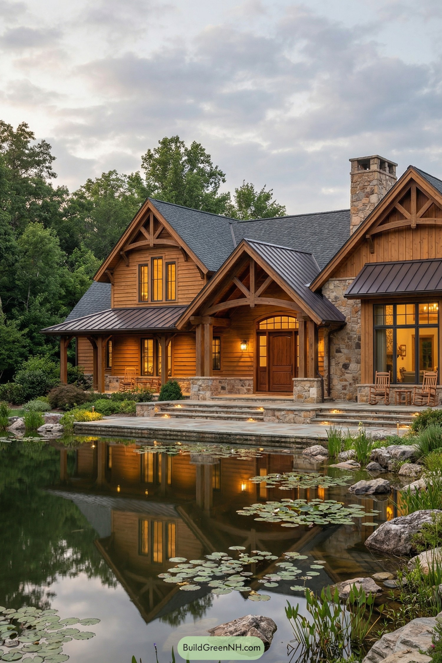 Warm timber-and-stone lake house reflecting in a calm pond with lilies