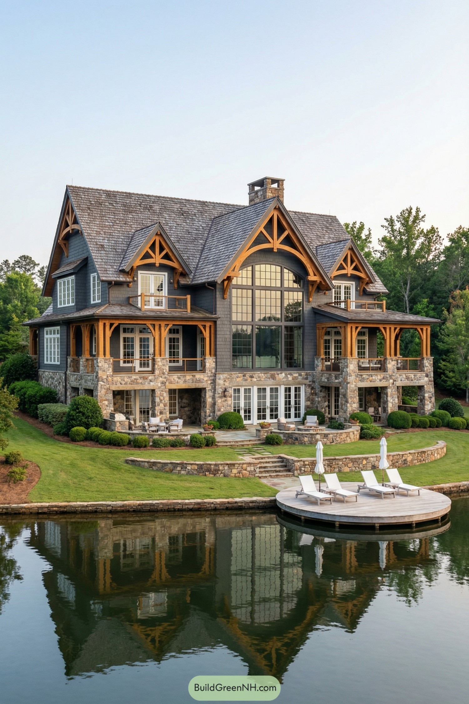 Grand stone-and-timber lake house with tiered patios and a circular lounge dock on calm water
