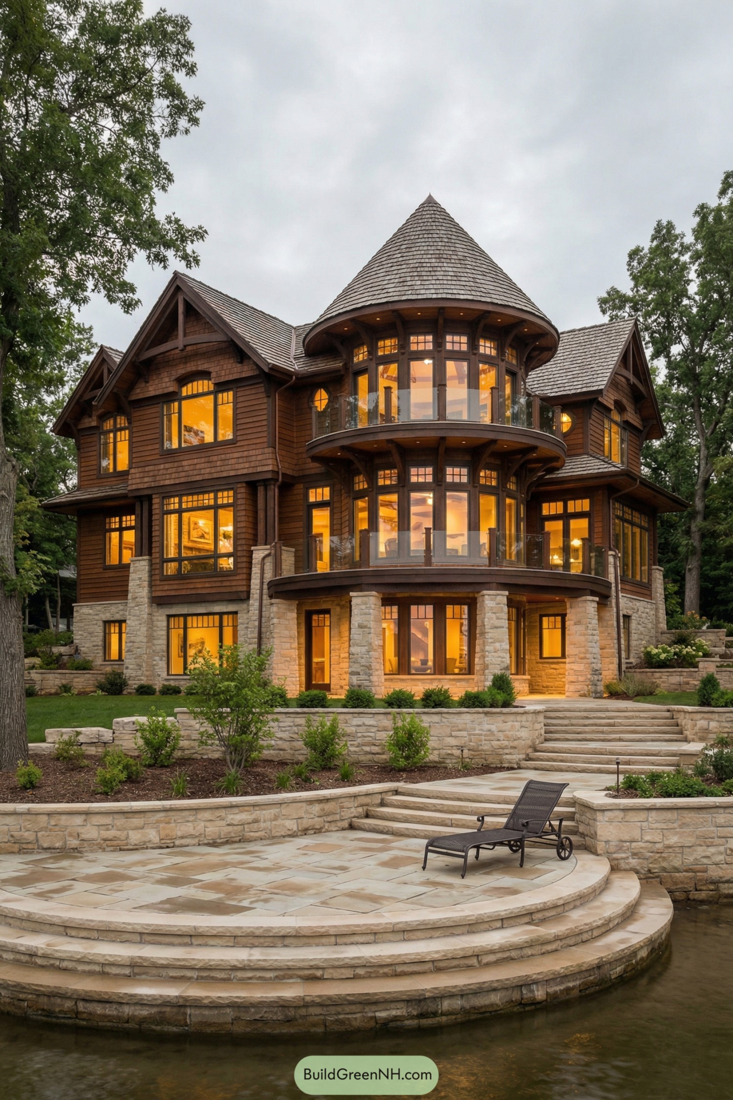 Warm-lit wood and stone lake house with rounded glass tower and tiered waterfront patio