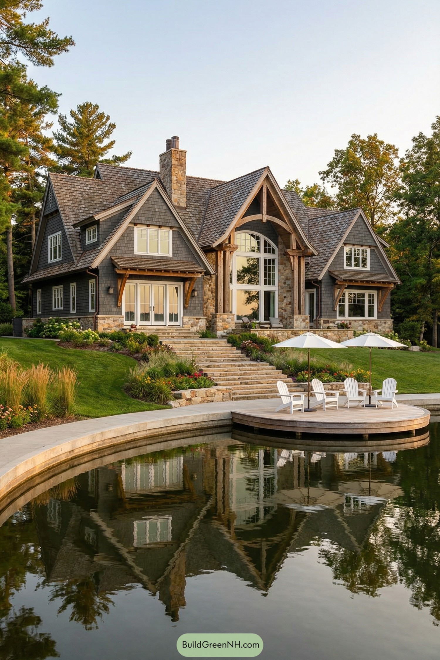 Stone-and-shingle lake house with arched windows and a circular waterfront deck