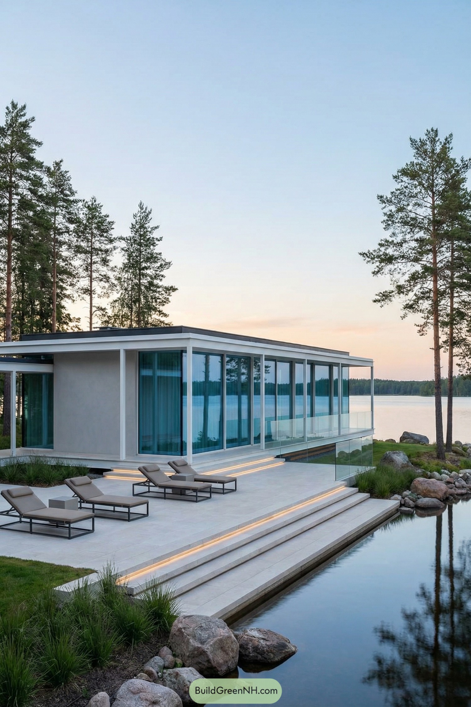 Sleek glass lake house with tiered stone terrace, loungers, and reflecting water at sunset