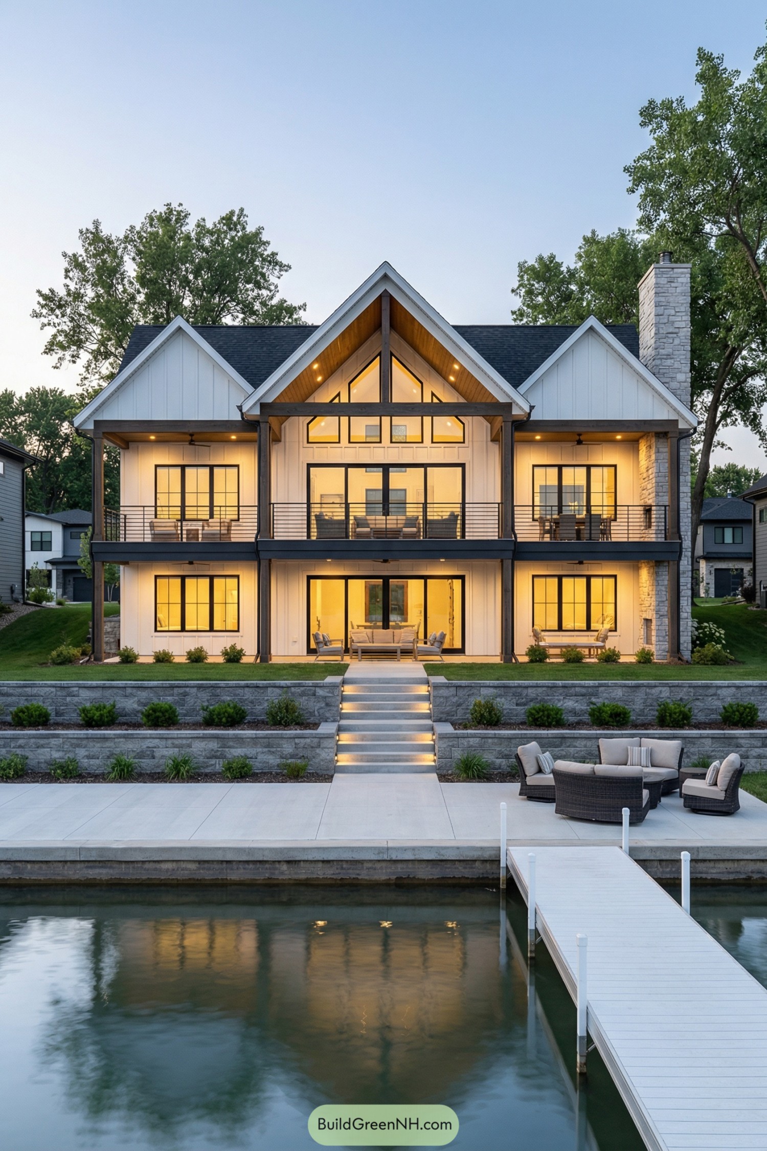 Modern three-story lake house with glowing windows, tiered steps, and dock at dusk