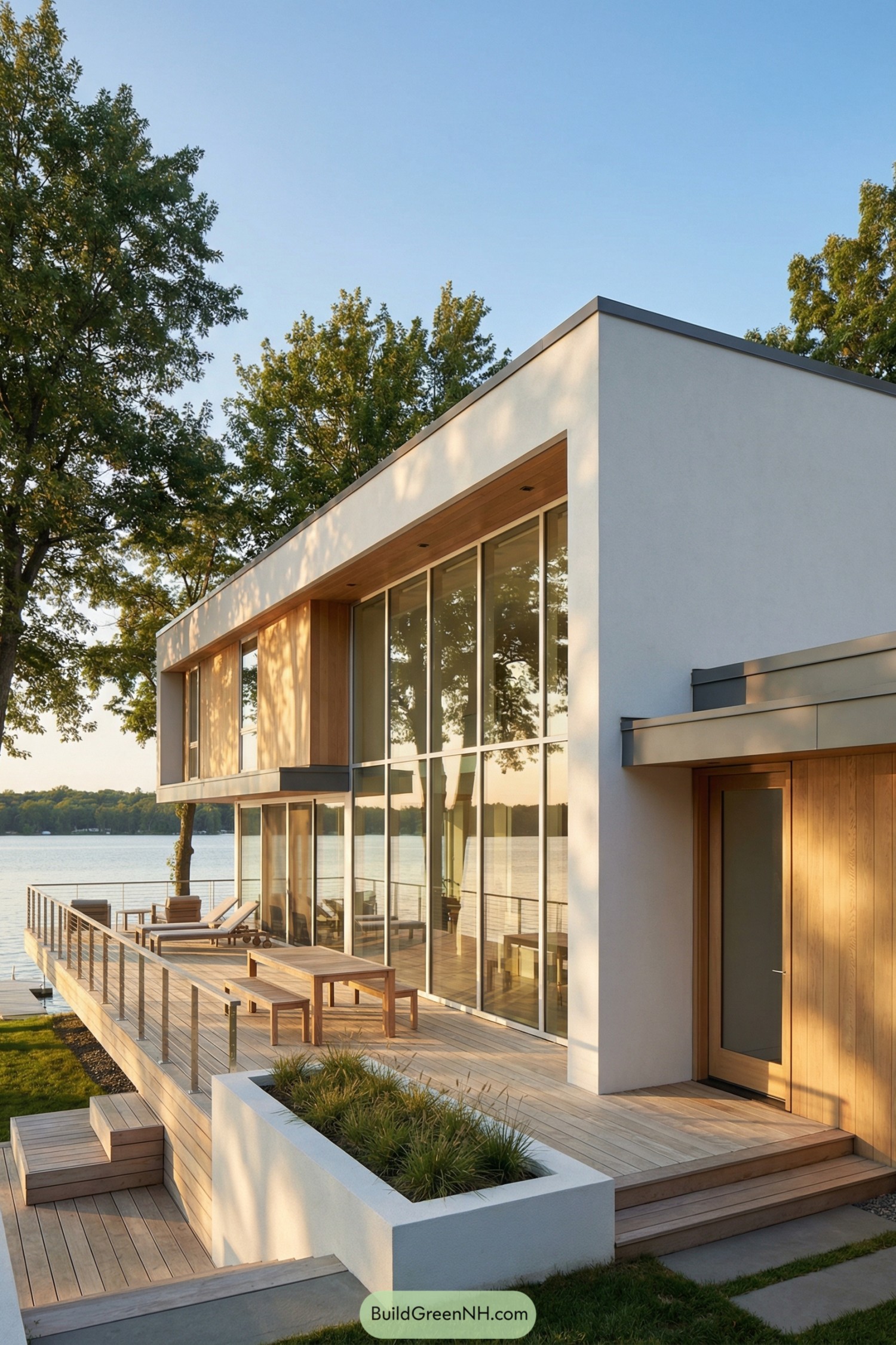 Modern lakeside house with tall glass facade, wood cladding, and expansive deck overlooking the water