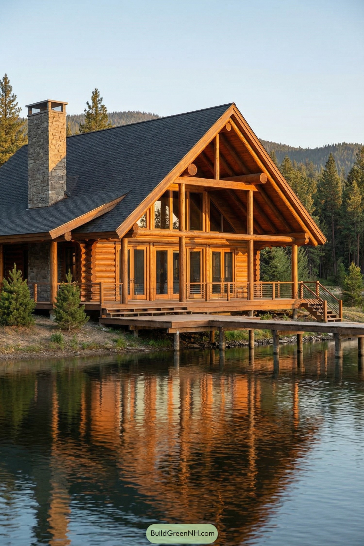 Timber lake house with wide deck at sunset