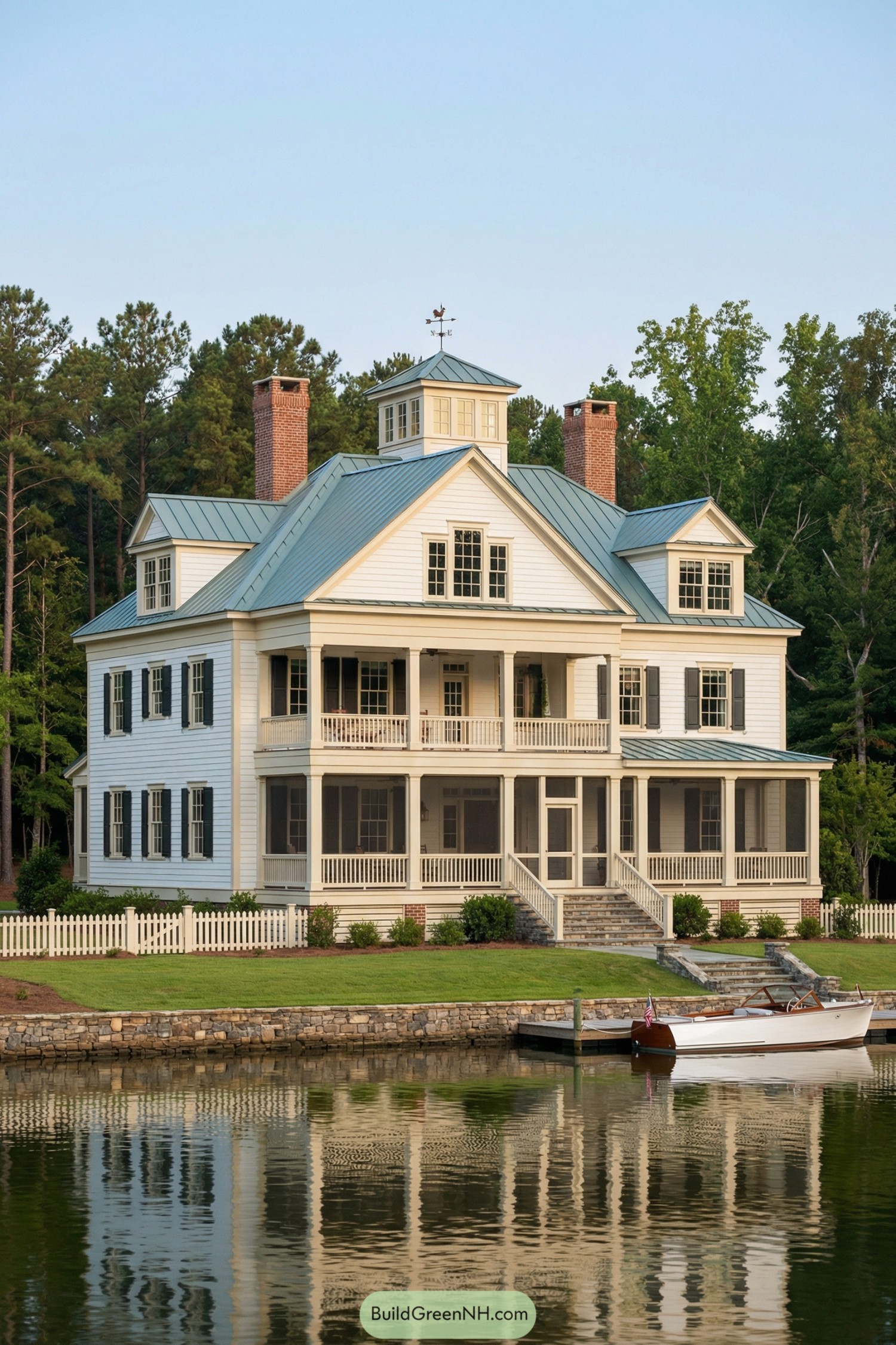 Three-story white lake house with double porches and green metal roof