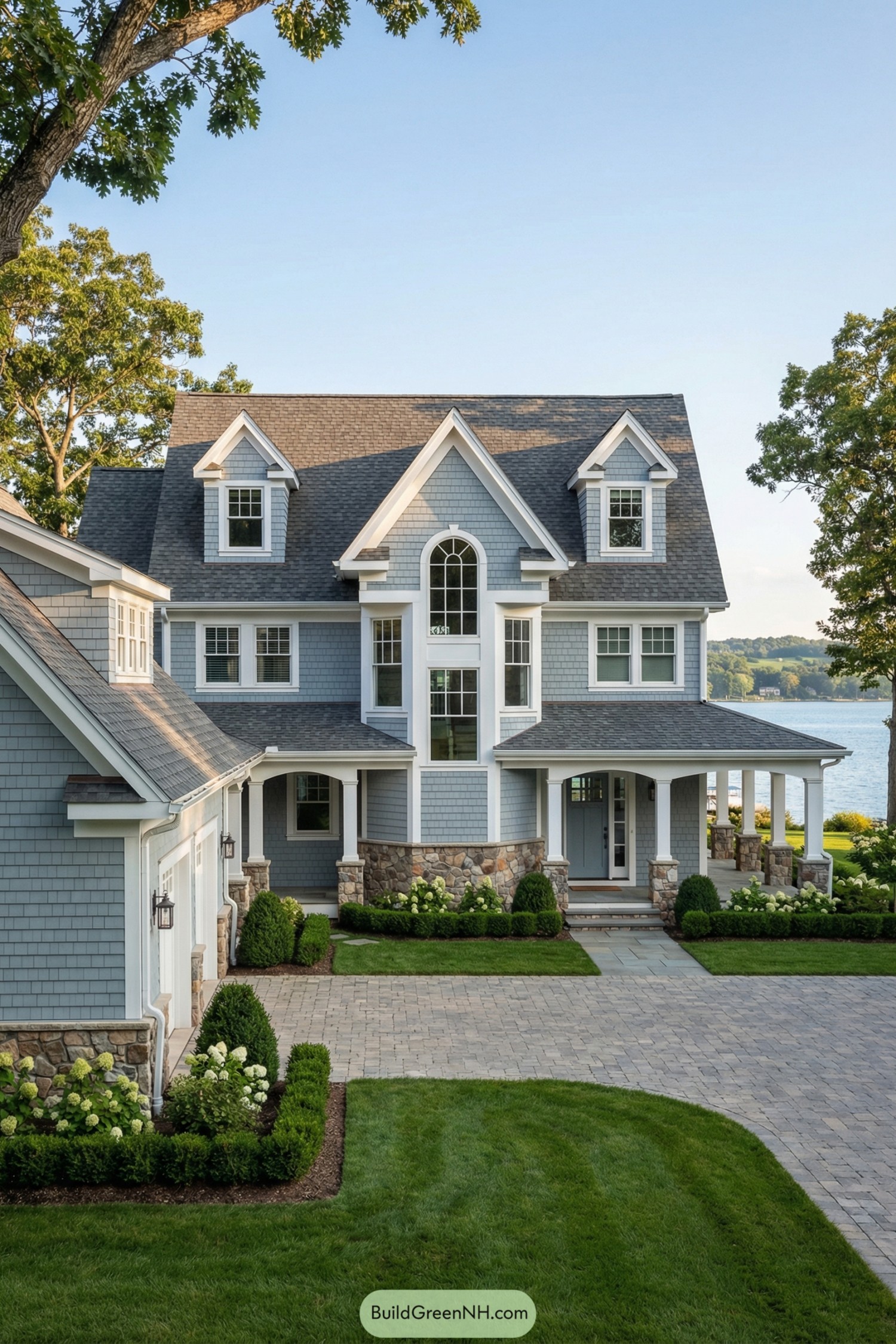 Gray shingle lake house with stone accents and manicured front lawn