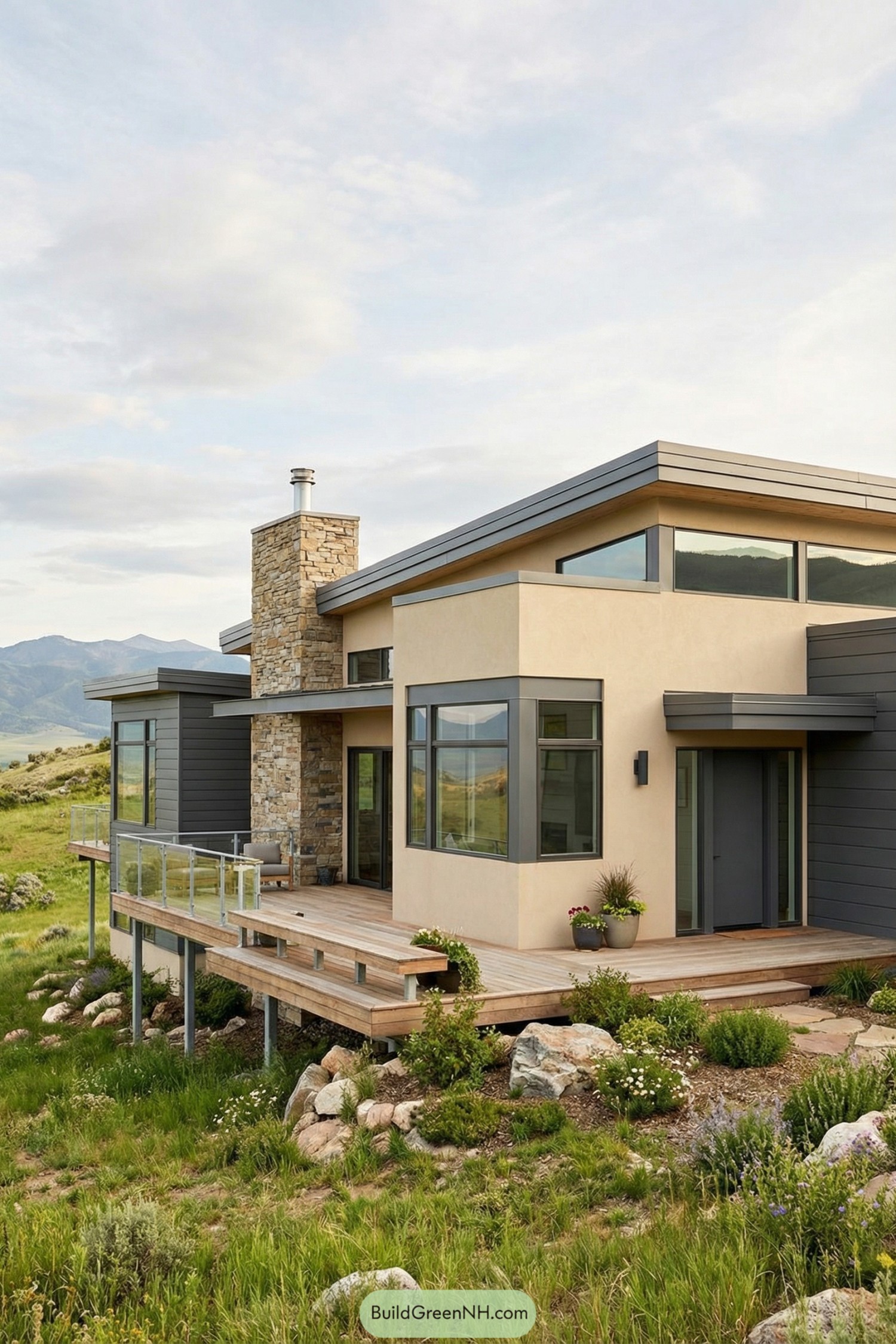Modern hillside house with stone chimney and wraparound deck overlooking open countryside