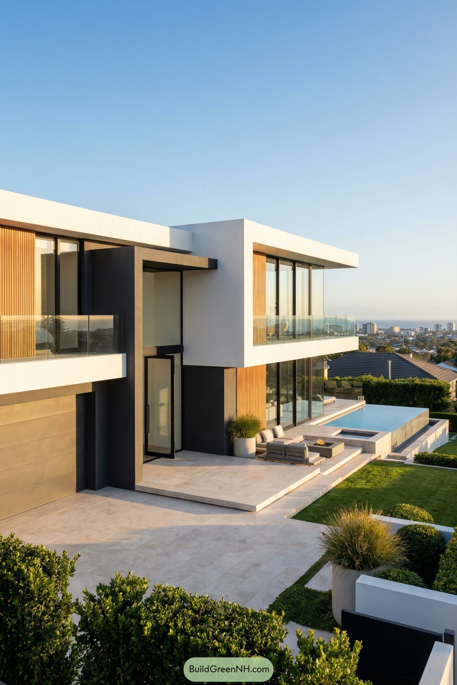 Modern white and wood hillside home with pool