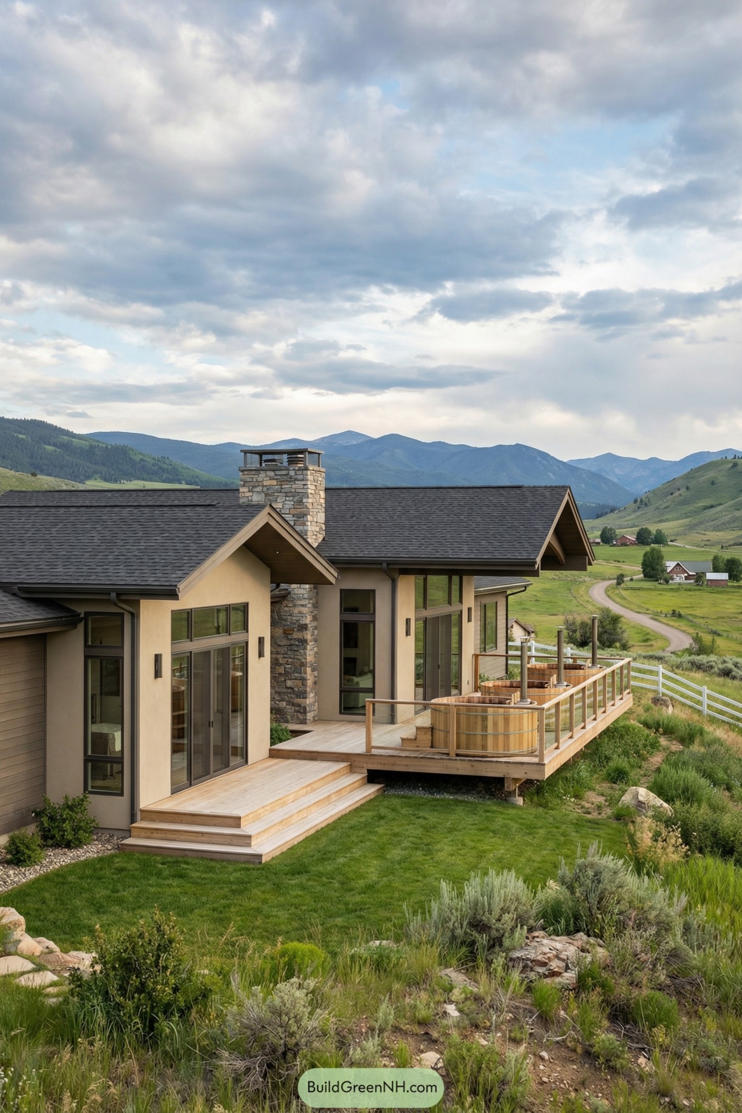 Modern ranch-style home with wraparound deck and twin wooden hot tubs overlooking rolling green hills