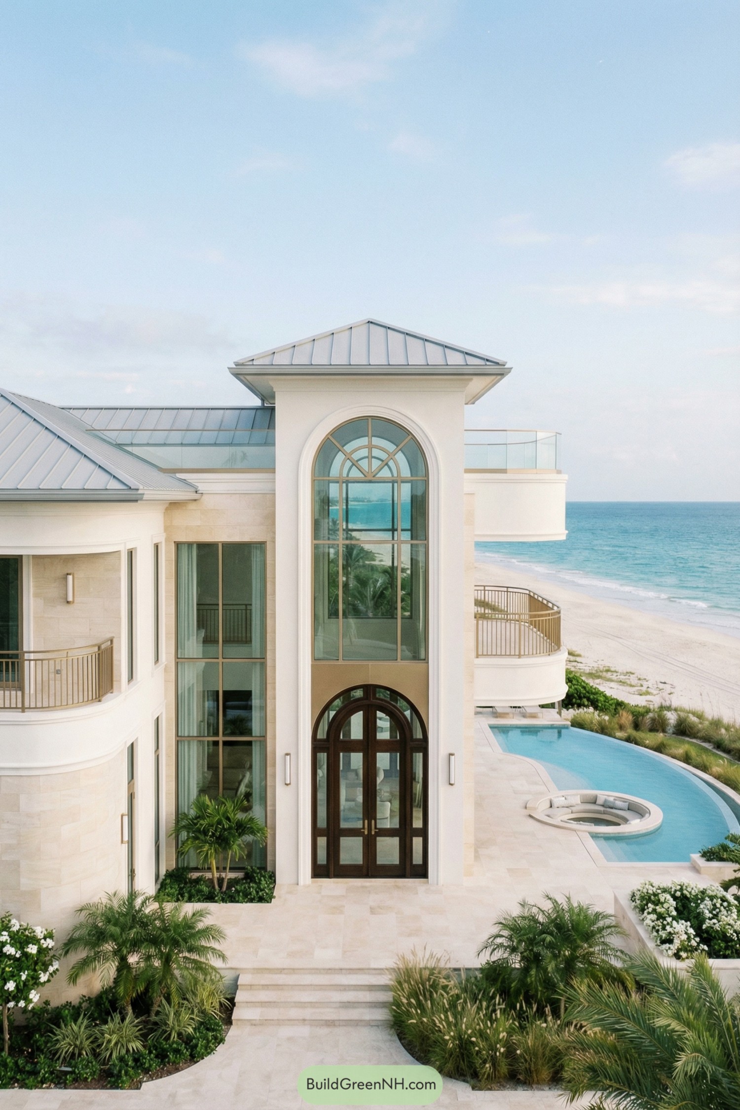 Elegant beachfront villa with tall arched glass tower and curving pool terrace