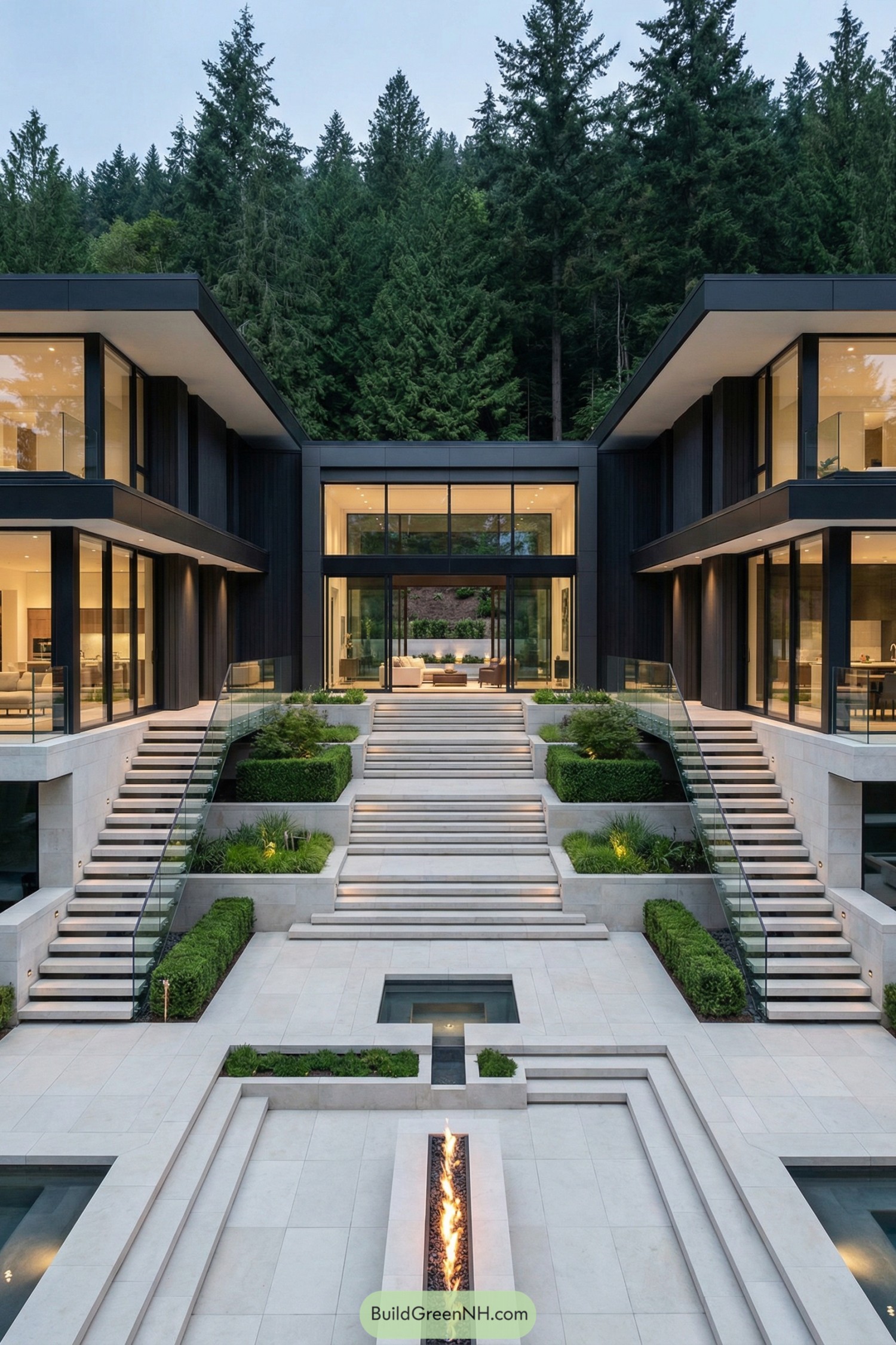 Modern hillside mansion with tiered stone terraces, glass railings, and central fire feature facing dense evergreens