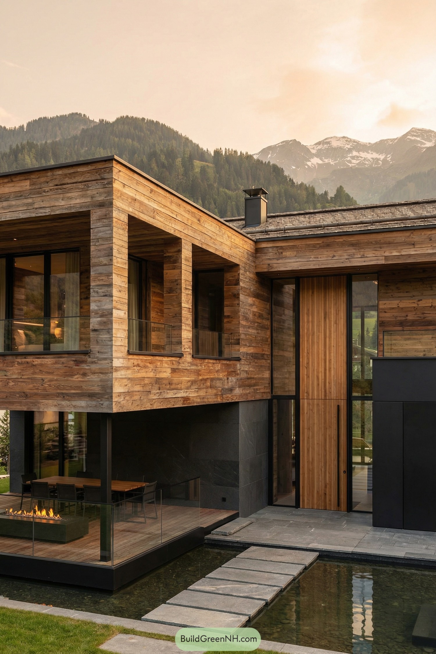 Modern timber-clad mountain house with reflecting pool and covered outdoor dining terrace