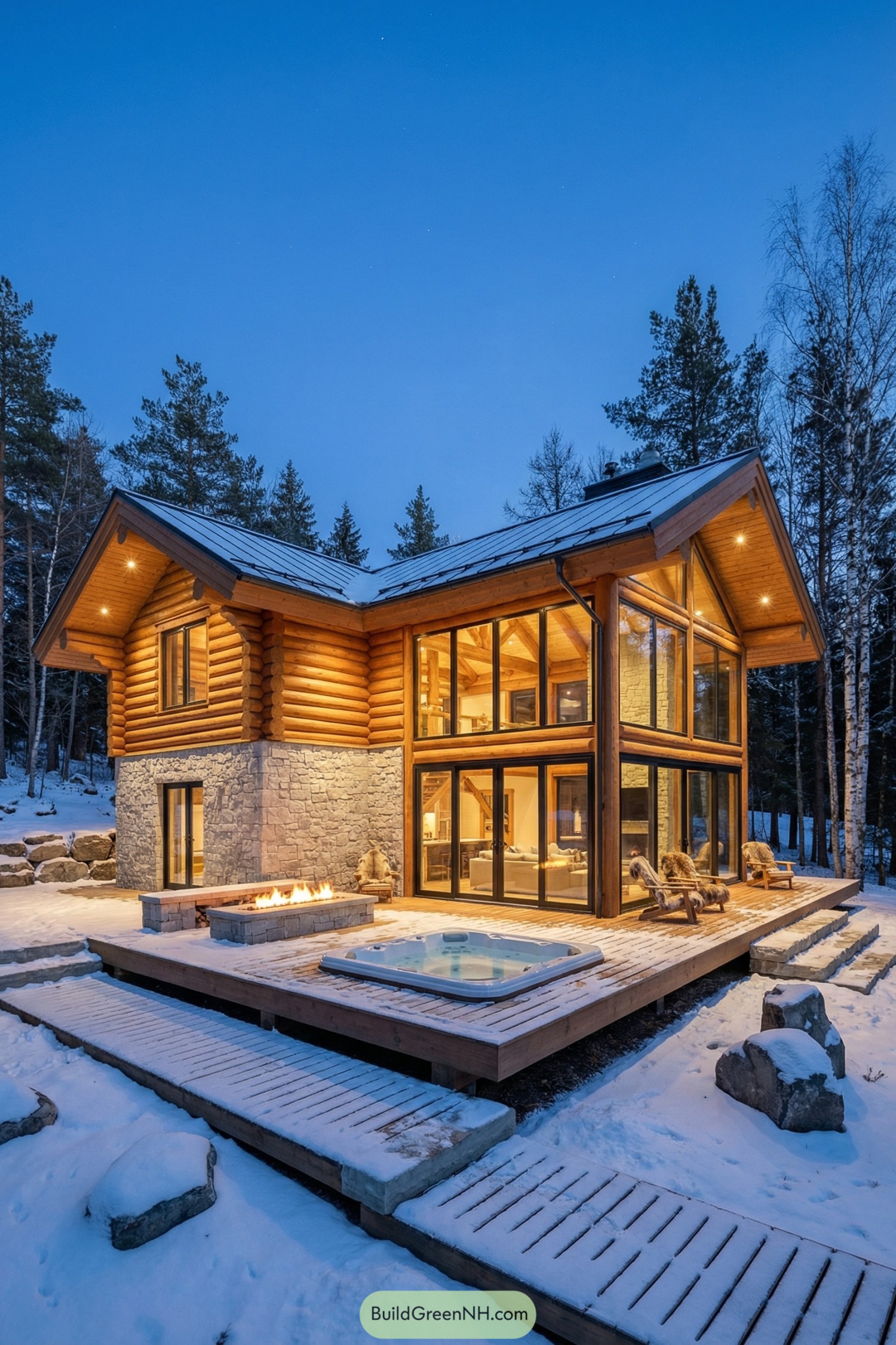 Cozy modern log cabin with glass walls, fire pit, and hot tub in snowy forest