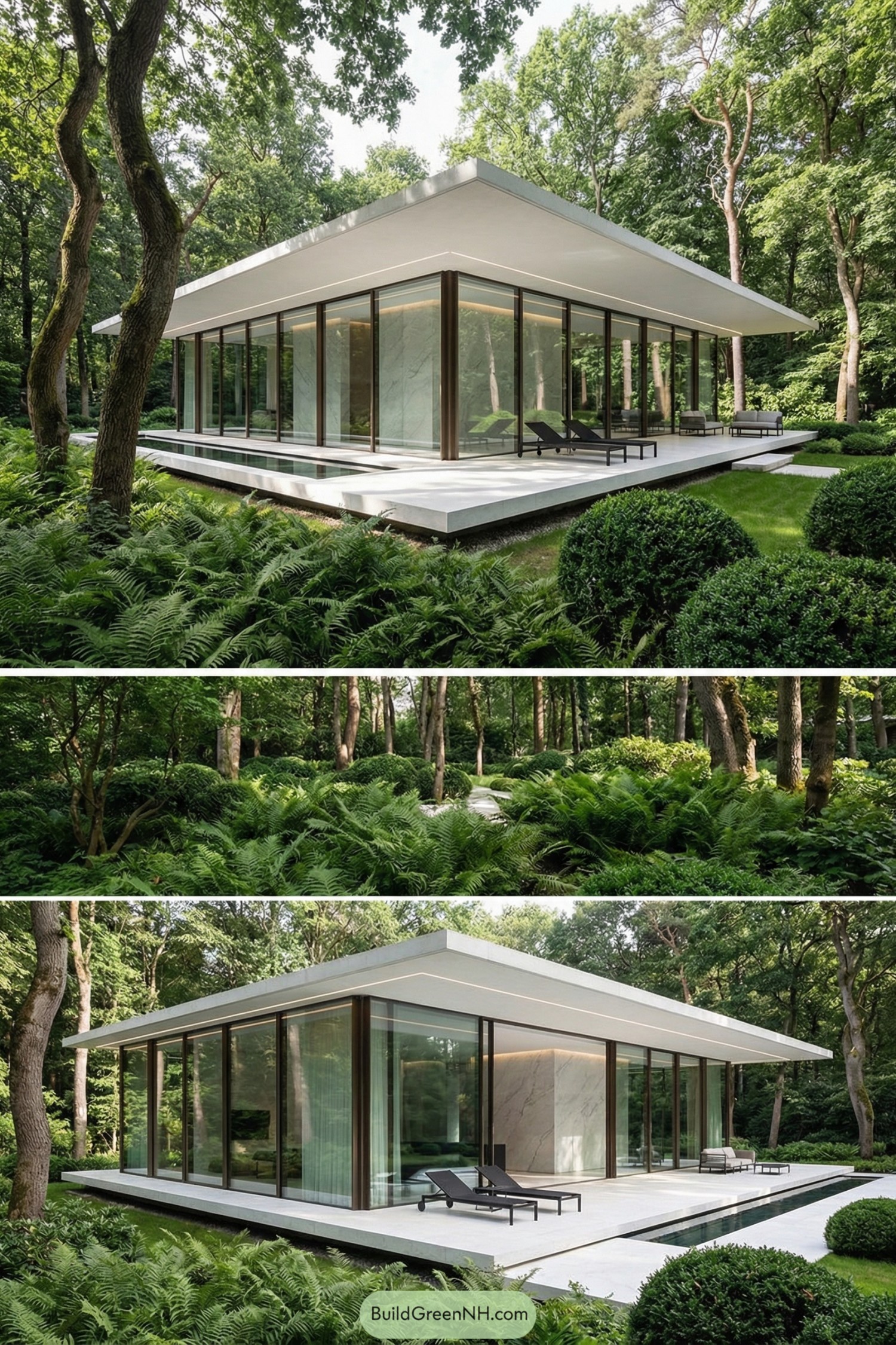 Modern glass pavilion house with white floating terrace surrounded by lush forest and ferns