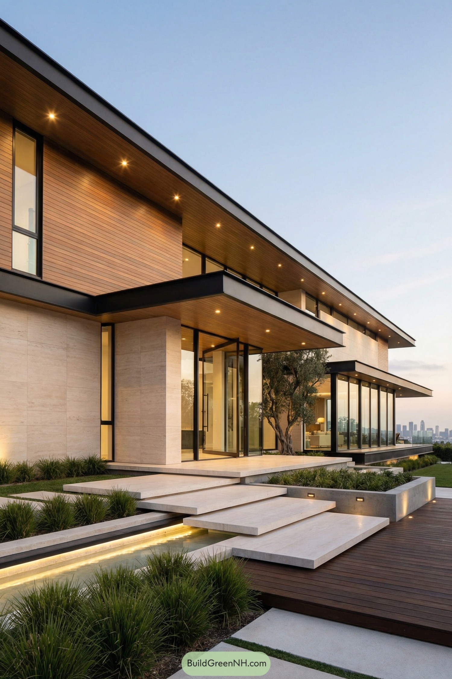 Modern two story glass and stone house with floating steps and landscaped entry water feature