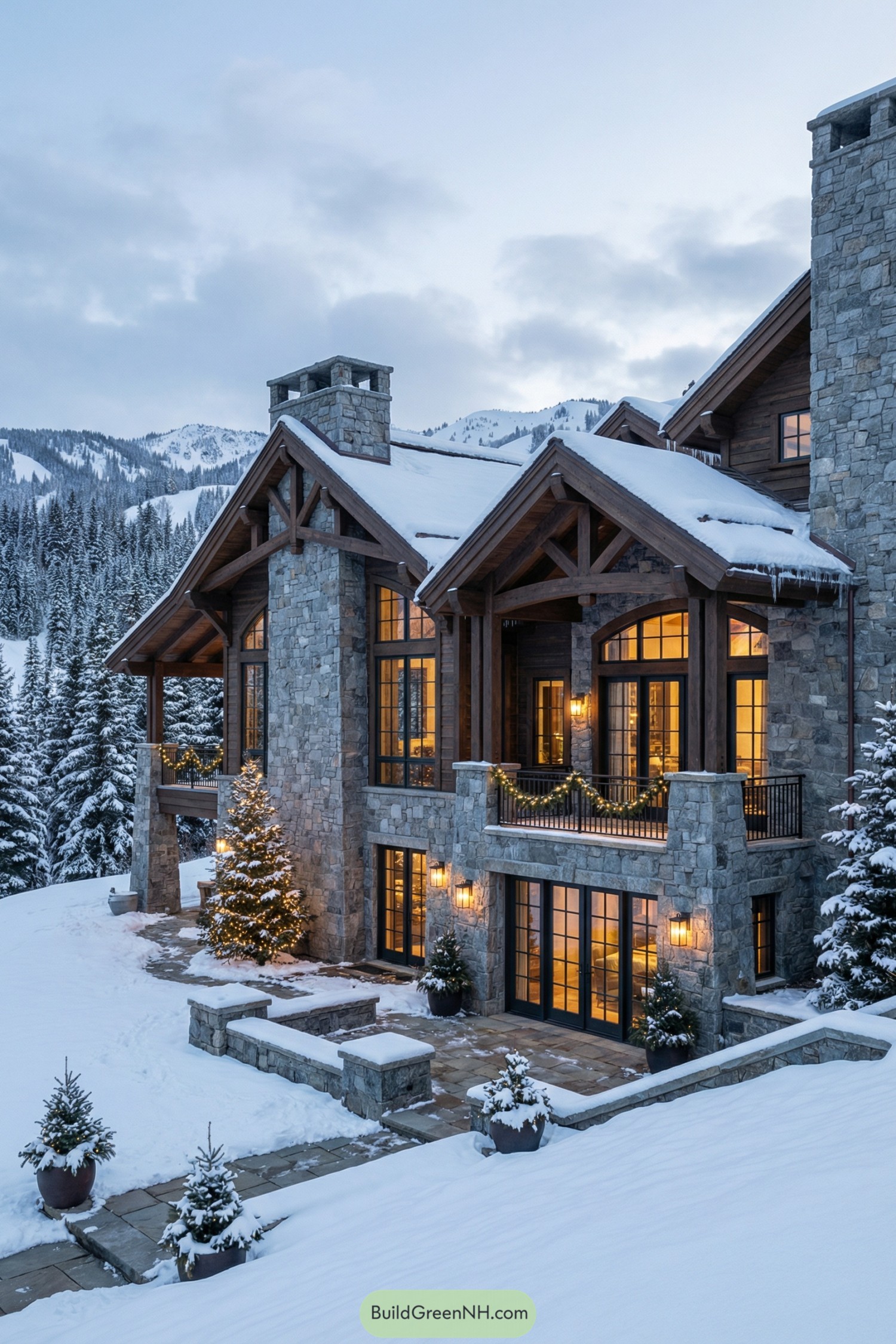 Snowy stone mountain lodge with warm glowing windows