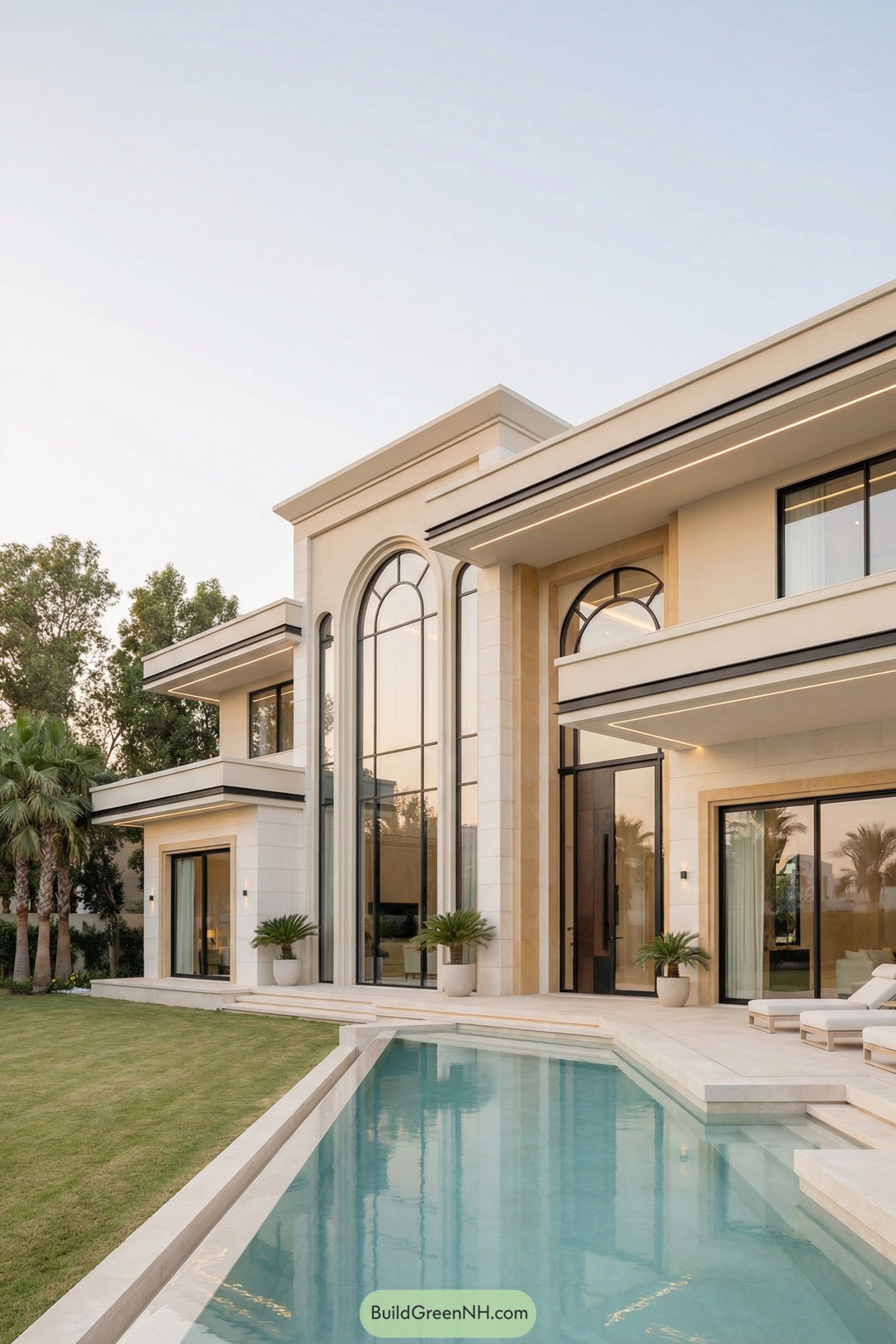 Modern cream stone villa with tall arched windows opening to a sleek pool and lawn