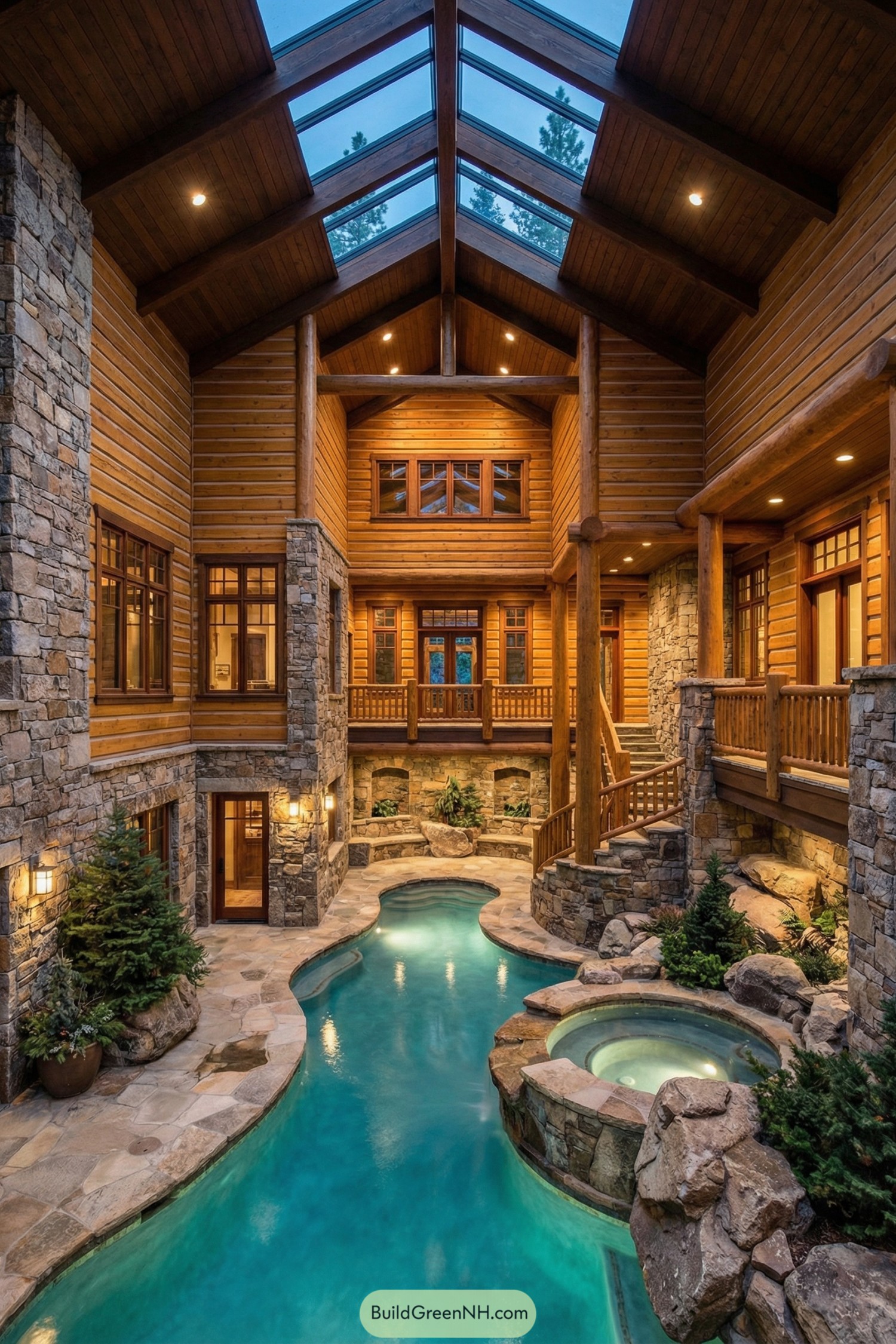 Warm timber courtyard with stone walls and lagoon-style pool under a glass roof