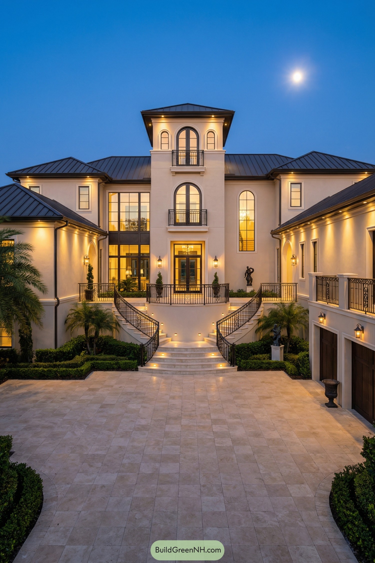 Large cream-colored mansion with grand double staircase and glowing courtyard at dusk