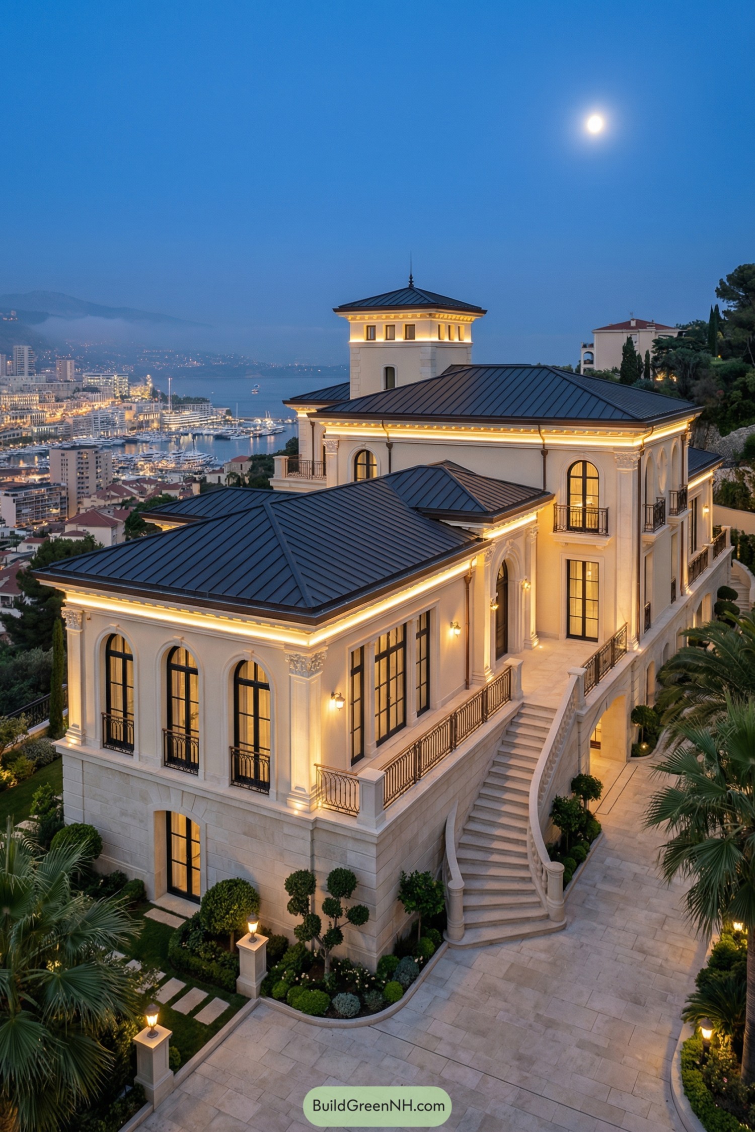 high-res photo of Dream Life House luxury, grand Mediterranean–neoclassical facade with multiple tiers and a central tower, warm cream stucco walls over light beige stone base, symmetrical arched openings with ornate pilasters and cornices, soft golden exterior lighting accenting moldings and balconies, colors in warm beige and cream with black metal accents and subtle stone veining, complex asymmetrical U-shaped structure cascading down a hillside with curved retaining walls and layered terraces, materials of the building include smooth stucco, cut limestone, wrought iron railings, bronze-toned metal trim, and glass, dark charcoal standing-seam metal roofs with low hip forms and one tall square tower roof, deep overhangs with continuous warm LED strip lighting along eaves, full-height arched windows and French doors with black mullions and frames, paired and grouped openings set in deep reveals, decorative wrought iron Juliet balconies and balustrades, tall arched double entry doors in dark wood with glass panels and sidelights, multiple terrace doors opening to upper balconies, sweeping outdoor staircase with wide stone treads and curved balustrades leading from upper terrace to lower courtyard, expansive stone-paved driveway and forecourt in light beige tiles, perimeter balustrades with detailed ironwork, small planters and pedestal lights flanking steps and arches, manicured landscaping with sculpted shrubs, small trees, groundcover, and accent lighting, lush palm trees and dense greenery framing the house edges, surrounding environment of a steep coastal hillside overlooking a dense modern city and harbor, distant sea horizon under a deep blue dusk sky with a bright full moon, overall setting elevated and picture-worthy with soft atmospheric haze and sparkling city lights below, real-life photo, high-resolution, architectural photography, soft lighting, cinematic composition