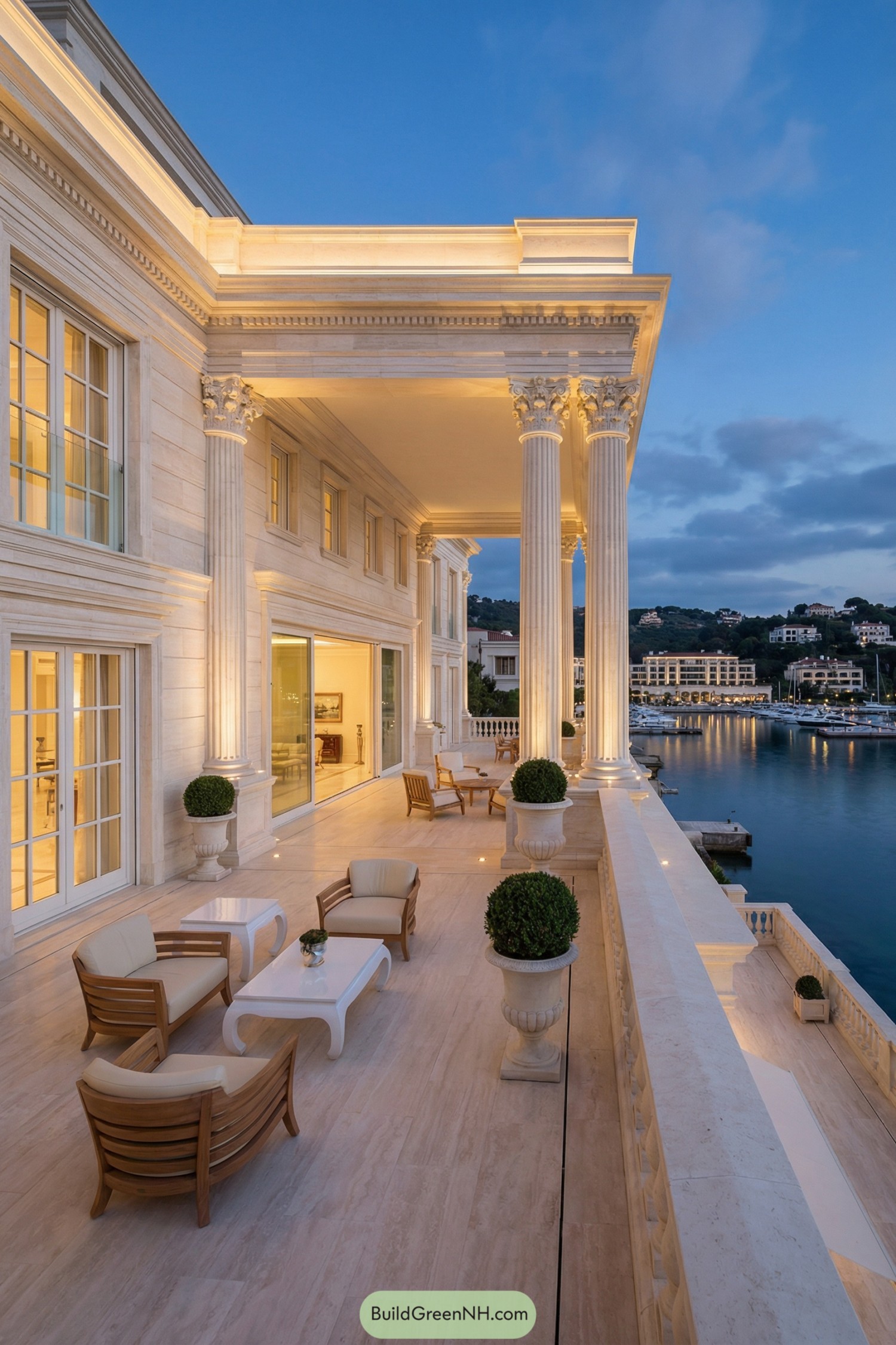 Elegant neoclassical waterfront terrace with tall columns and lounge seating