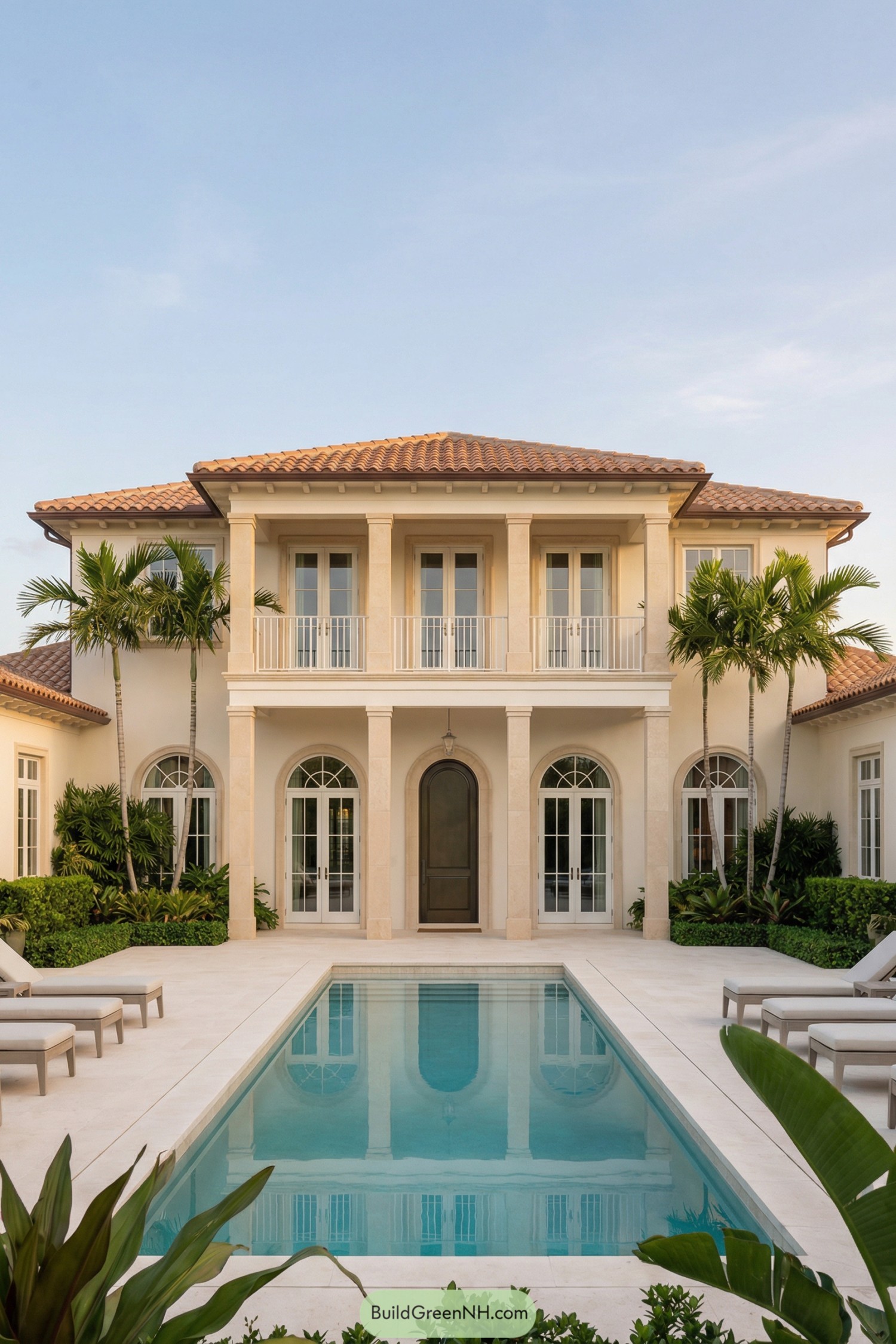 Two story Mediterranean style villa with central pool courtyard framed by palms and lounge chairs