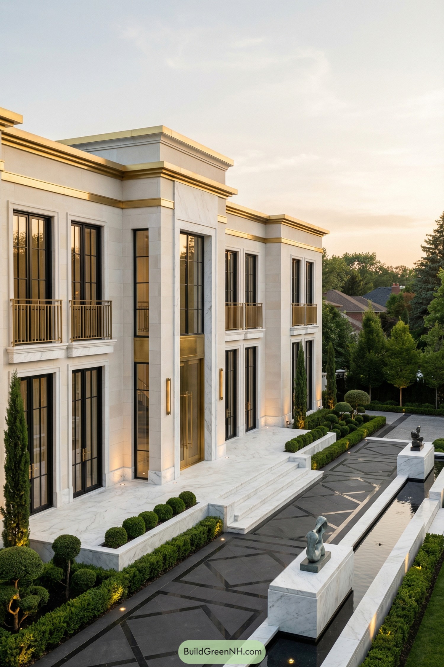 Grand white mansion with gold accents and reflecting pool