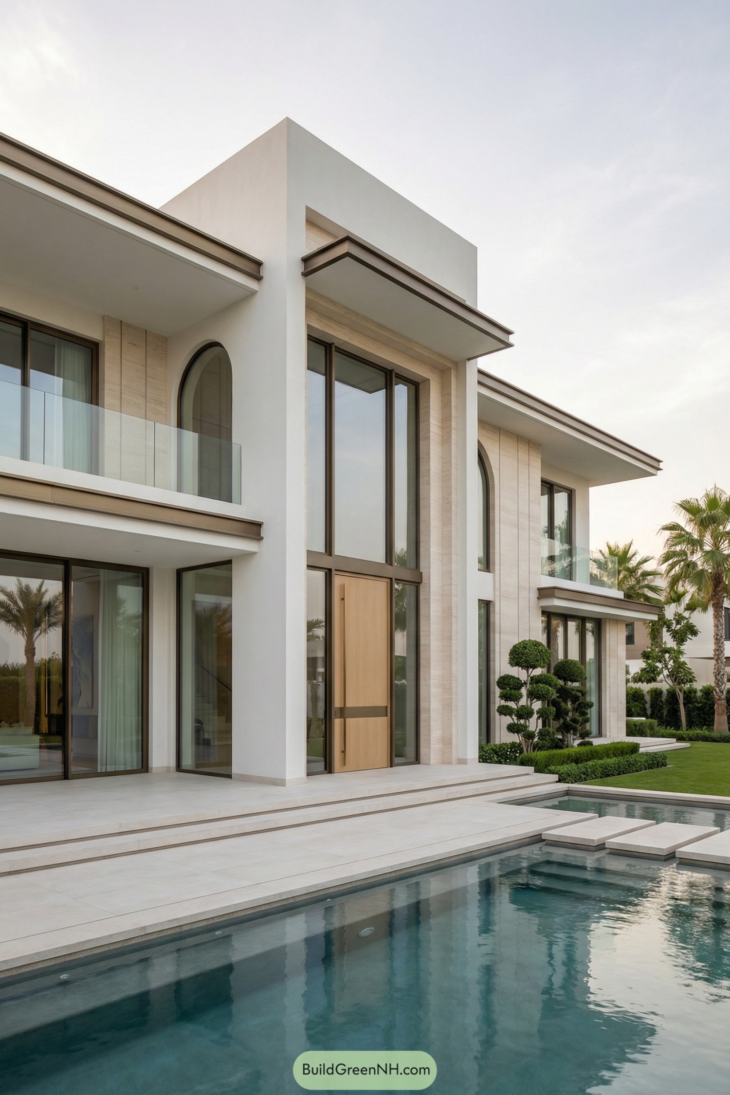 Modern white two story villa with tall glass walls and poolside terrace