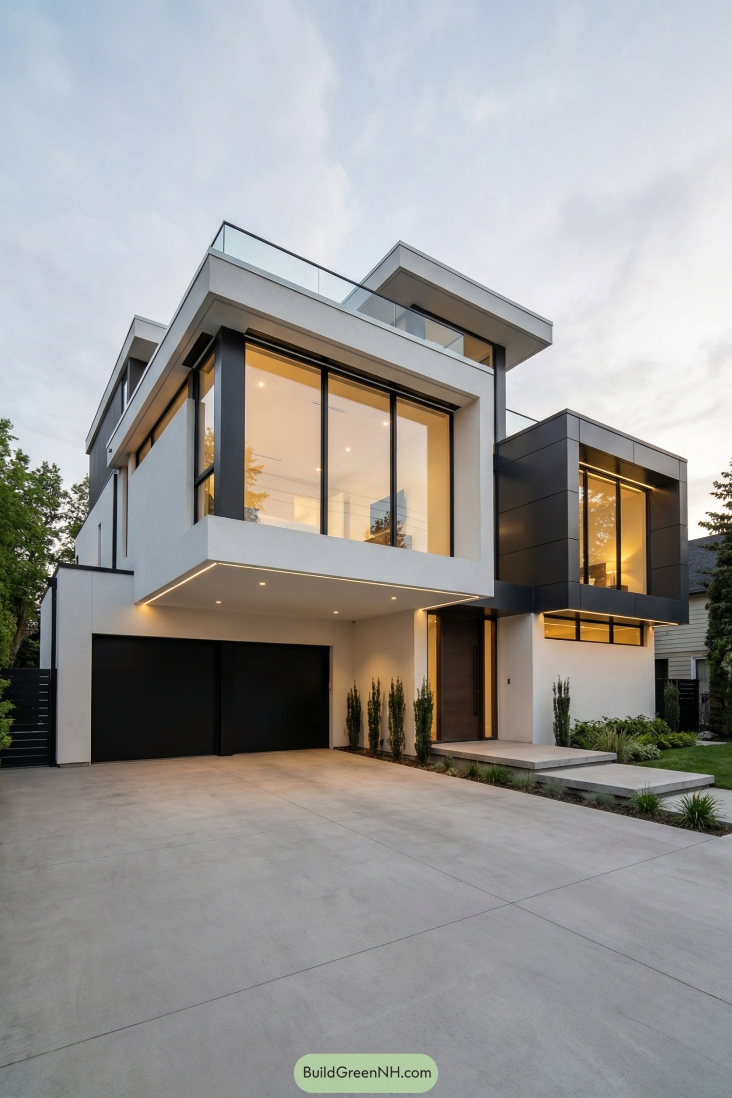 Modern two story white and black cubic house with large glass windows and a wide concrete driveway
