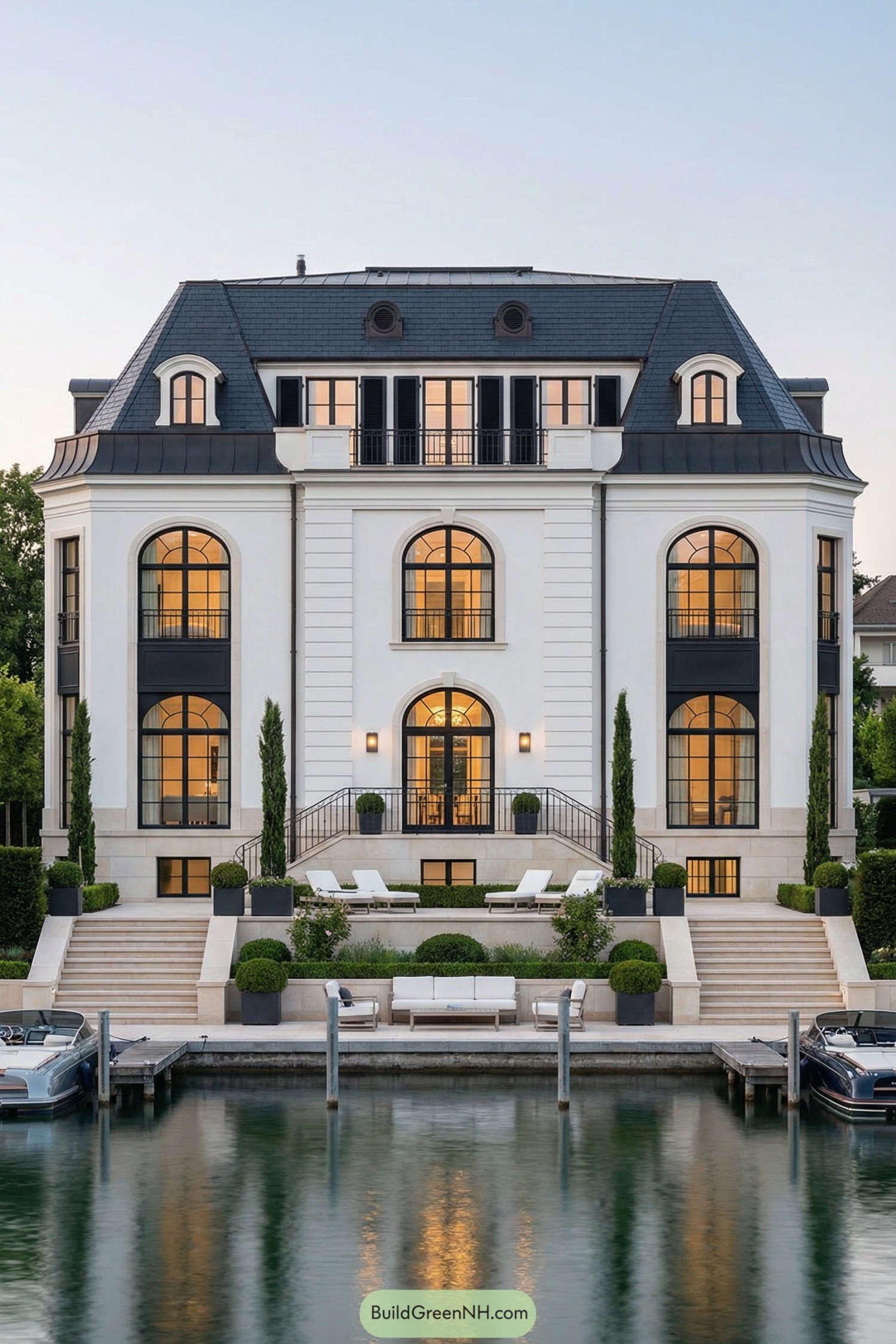 Waterfront mansion with grand symmetrical facade and terraces