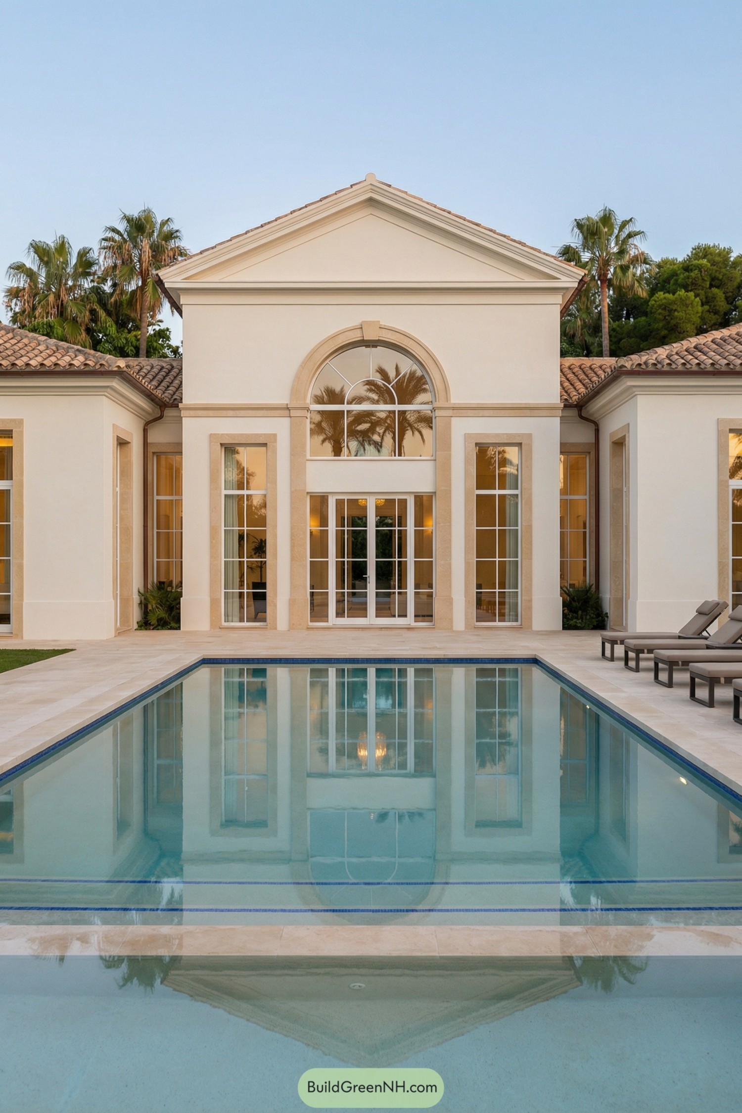 Elegant cream stucco villa with arched windows reflecting in a rectangular pool and lined with loungers